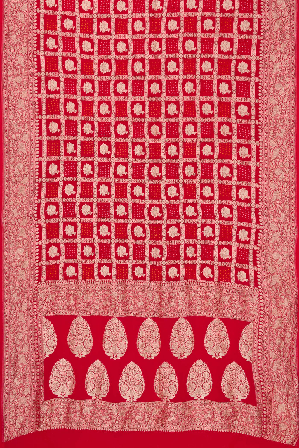 Flat view of Red Dual Tone Bandhani Silk Saree with Zari Brocade on the body and Zari Border. 