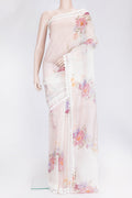 Golden Peach Dual Tone Organza Silk Saree with Printed design on the body and Embroidery Border.  displayed on a mannequin