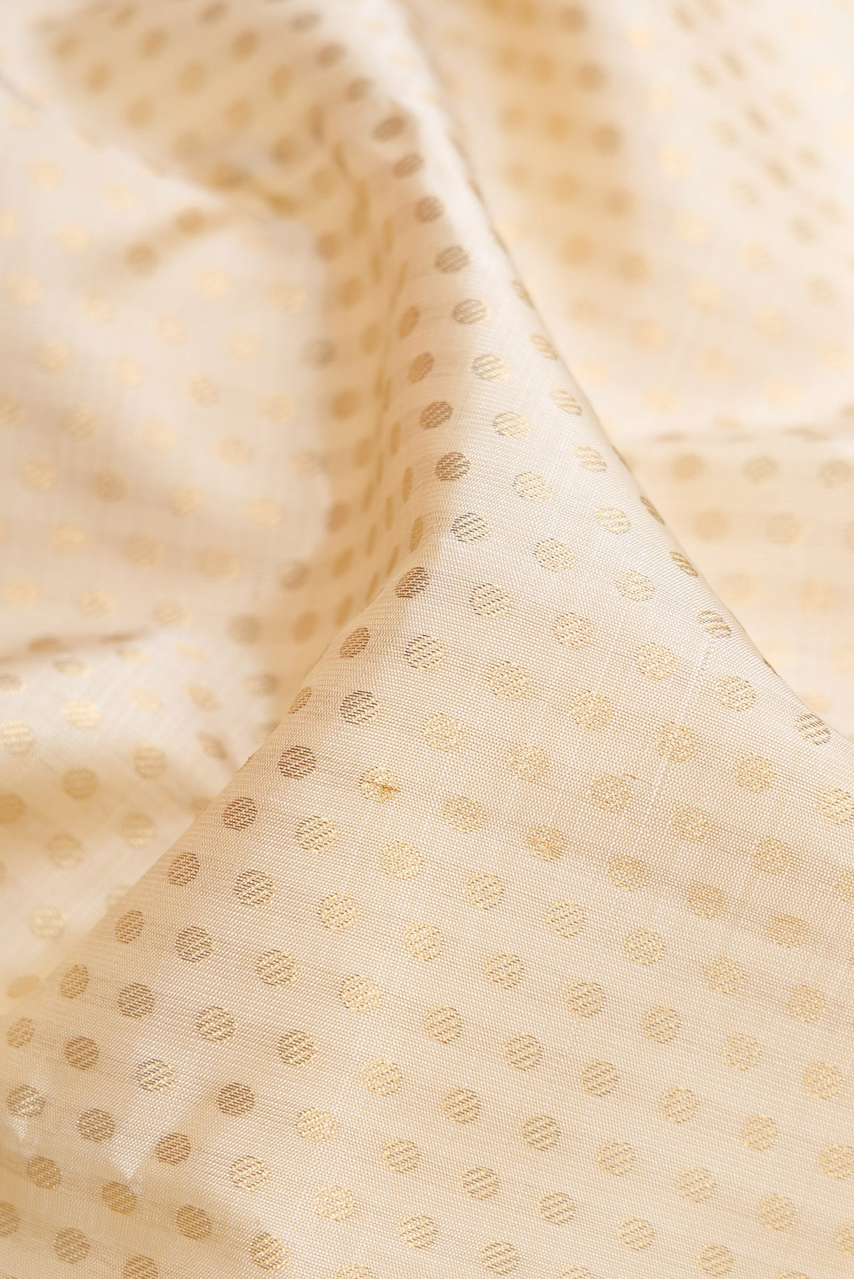 Close up of Pure Silk Pure Zari Off White Dual Tone Kanjivaram Saree with Zari Brocade on the body and Zari Border.  displaying folds
