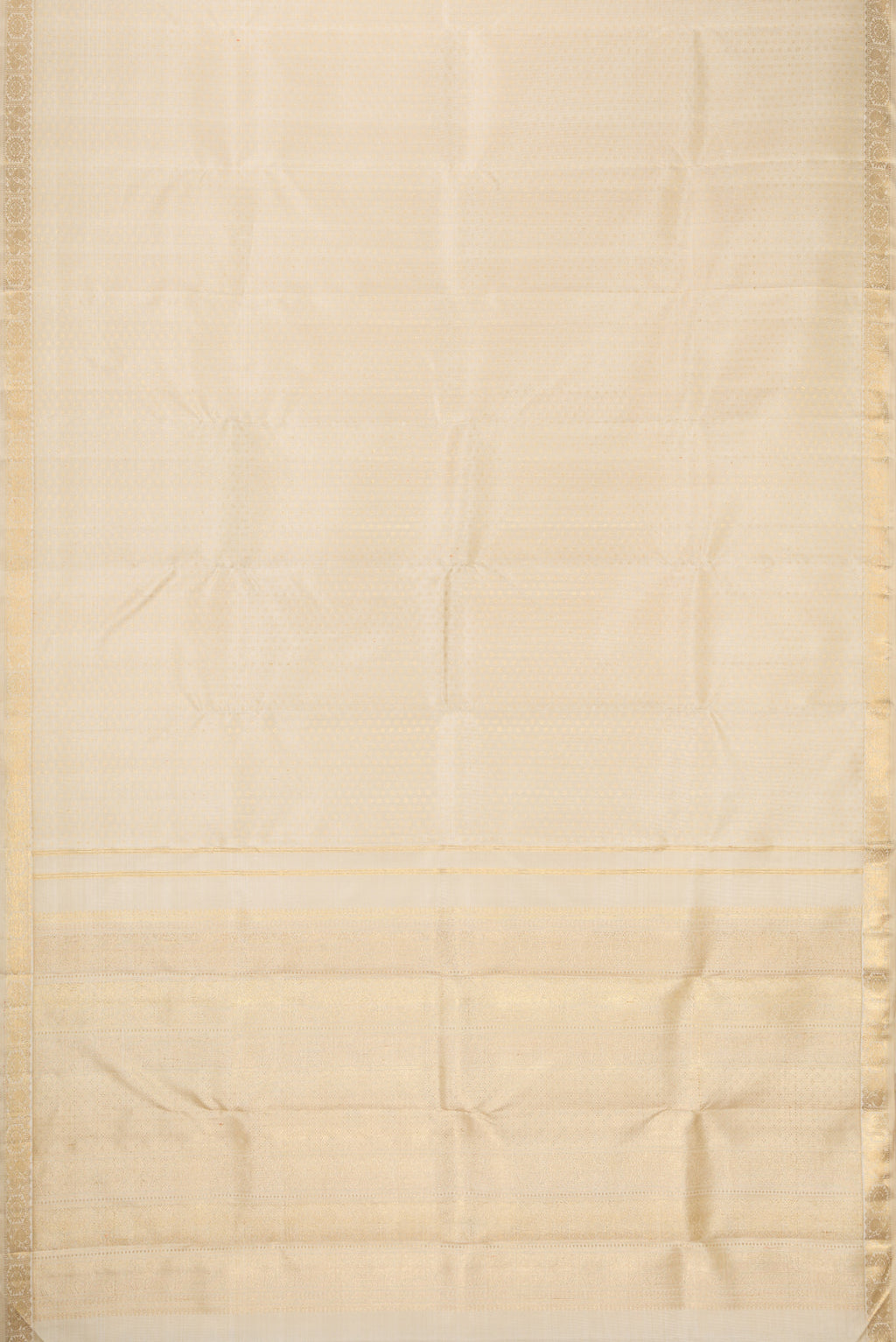 Flat view of Pure Silk Pure Zari Off White Dual Tone Kanjivaram Saree with Zari Brocade on the body and Zari Border. 