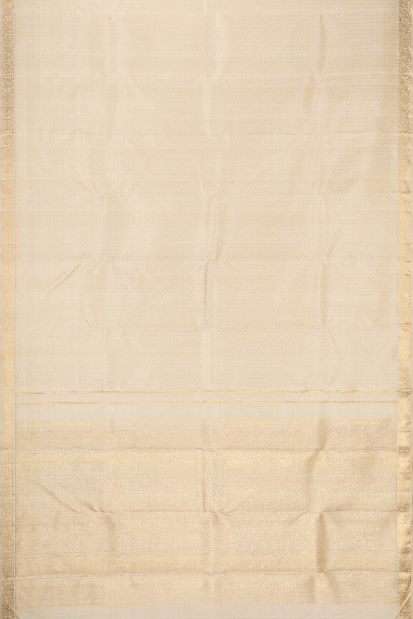 Flat view of Pure Silk Pure Zari Off White Dual Tone Kanjivaram Saree with Zari Brocade on the body and Zari Border. 