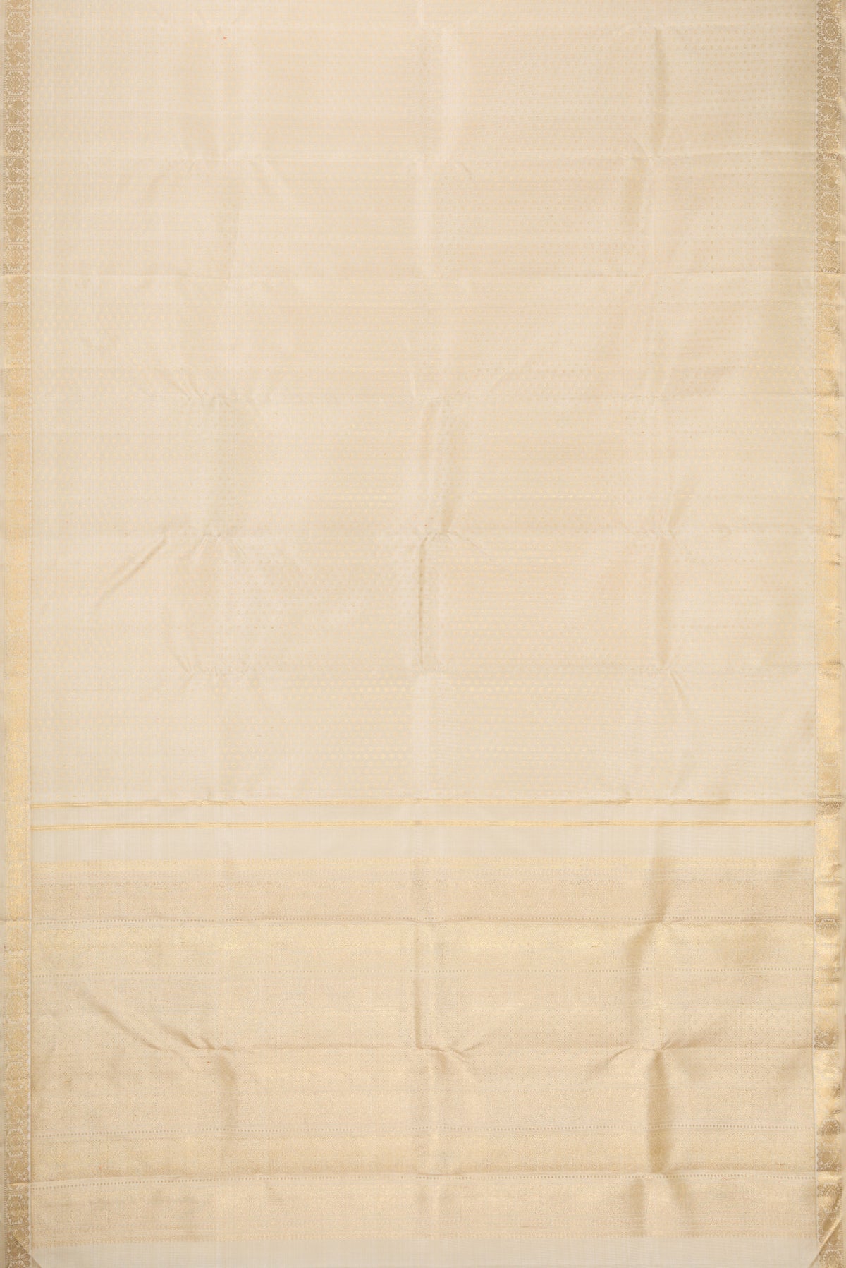 Flat view of Pure Silk Pure Zari Off White Dual Tone Kanjivaram Saree with Zari Brocade on the body and Zari Border. 