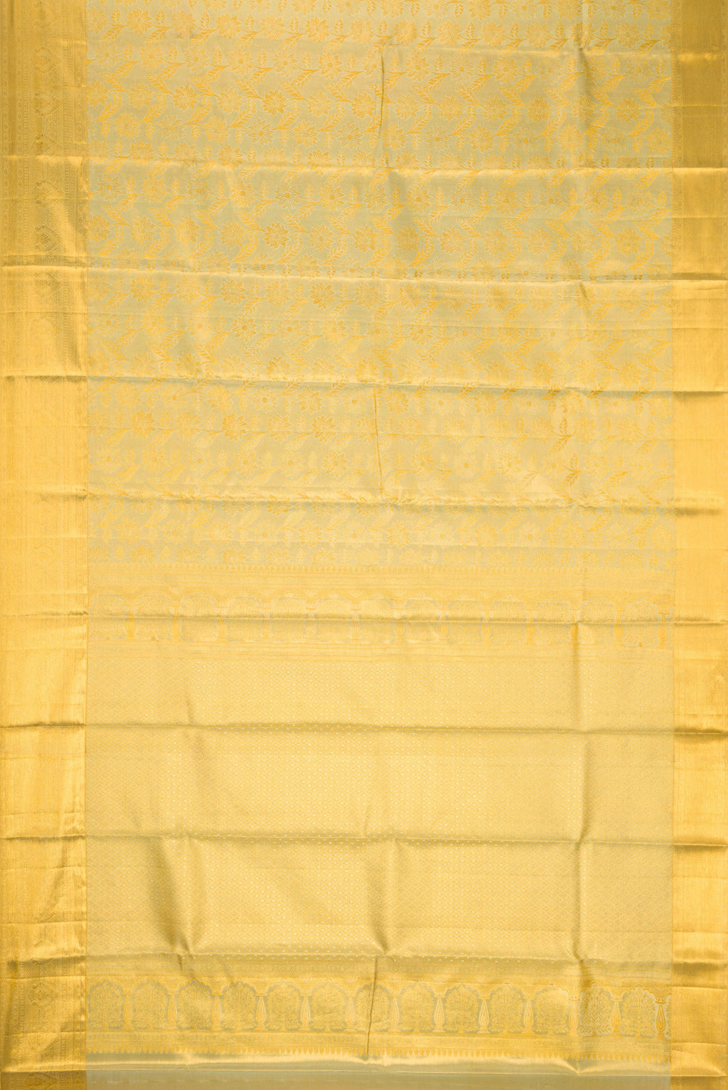 Flat view of Pista Green Dual Tone Kanchipuram Tissue Silk Saree with Zari Brocade on the body and Zari Border. 