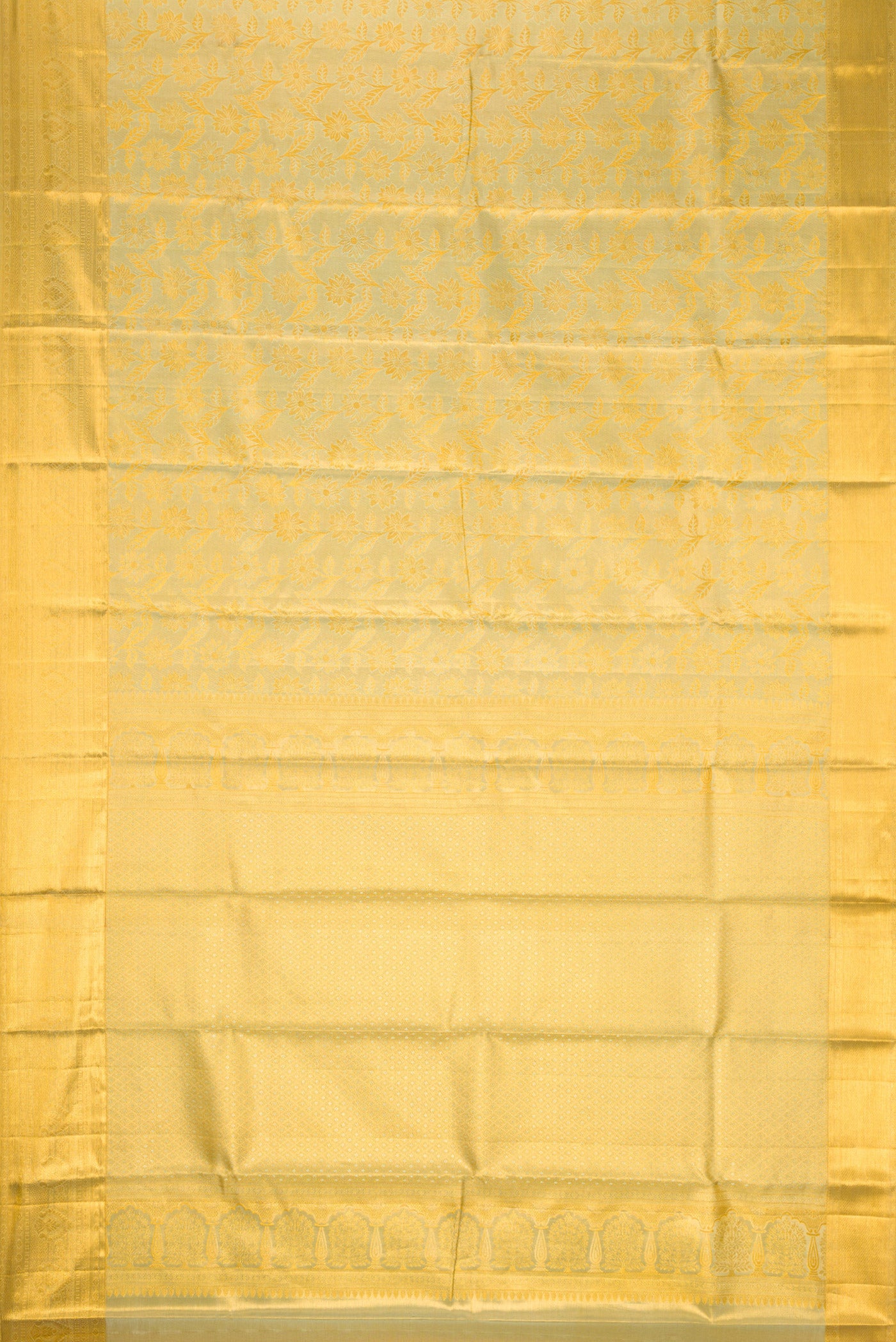 Flat view of Pista Green Dual Tone Kanchipuram Tissue Silk Saree with Zari Brocade on the body and Zari Border. 