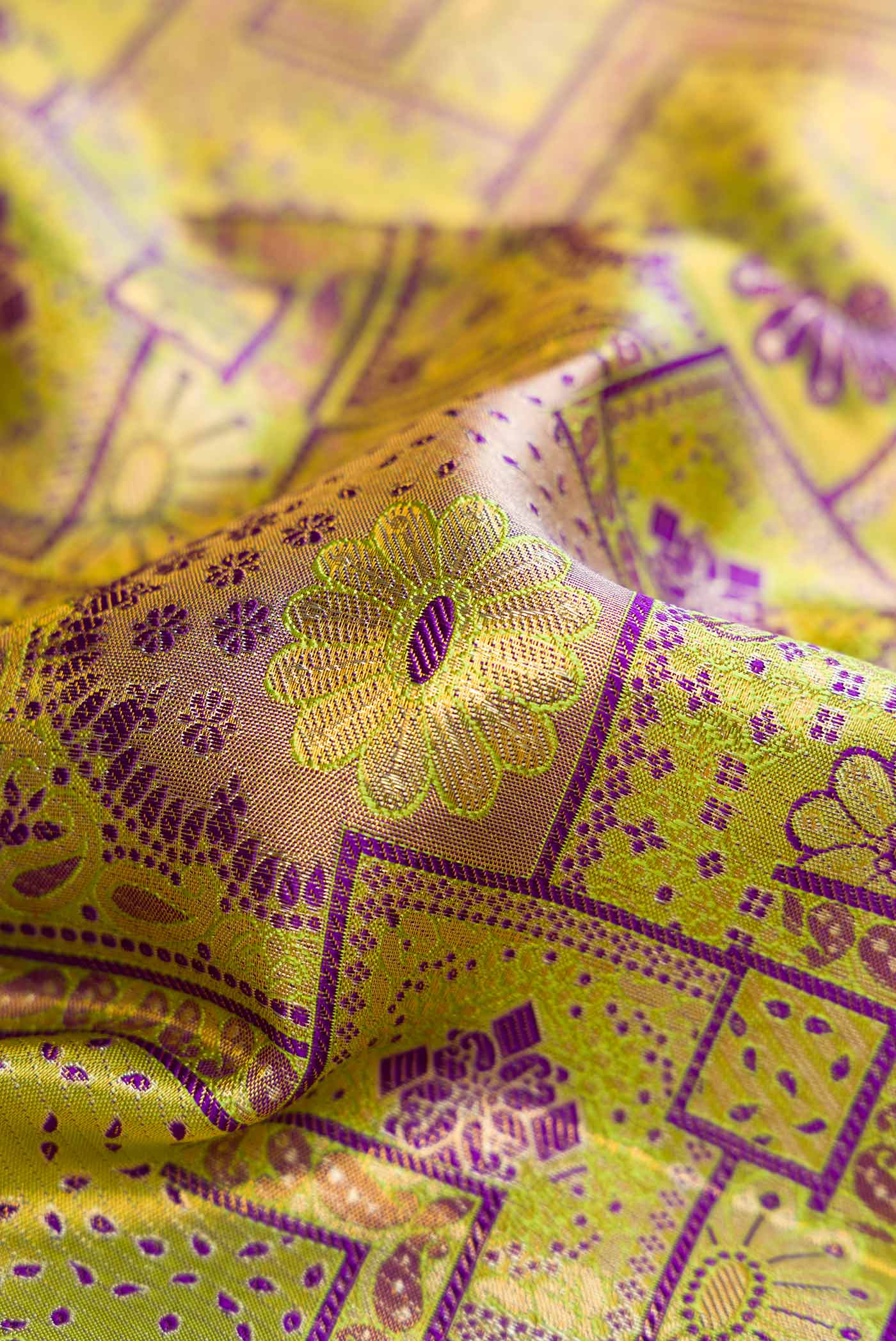 Close up of Green Dual Tone Kanchipuram Tissue Silk Saree with Zari Brocade on the body and Zari Border.  displaying folds