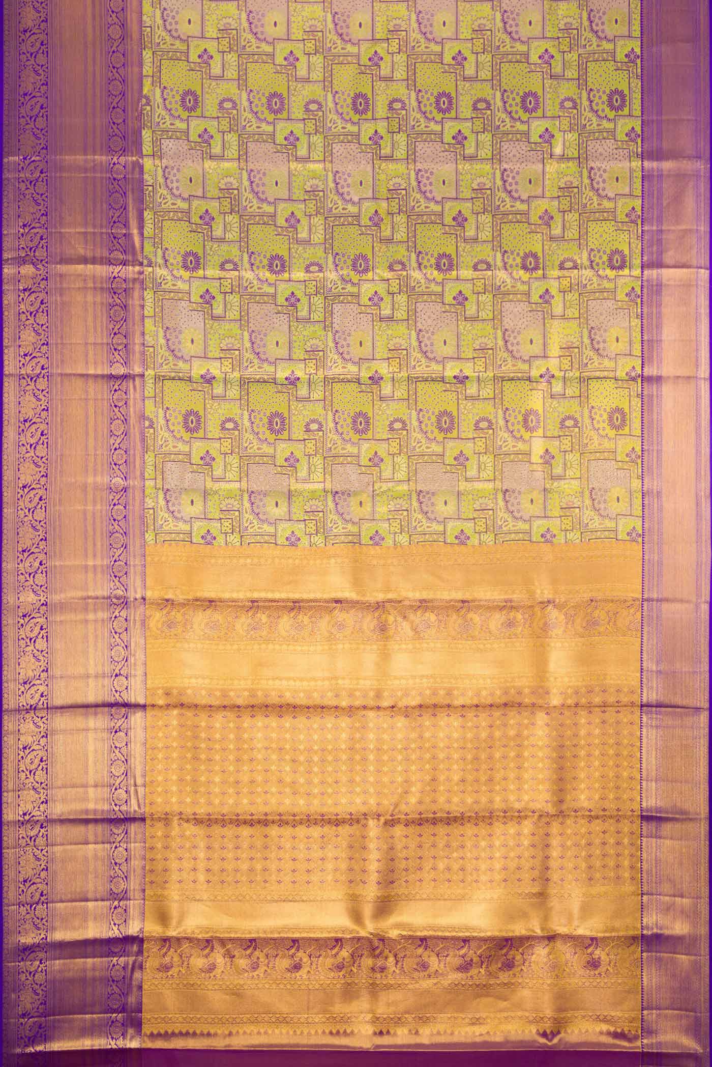 Flat view of Green Dual Tone Kanchipuram Tissue Silk Saree with Zari Brocade on the body and Zari Border. 