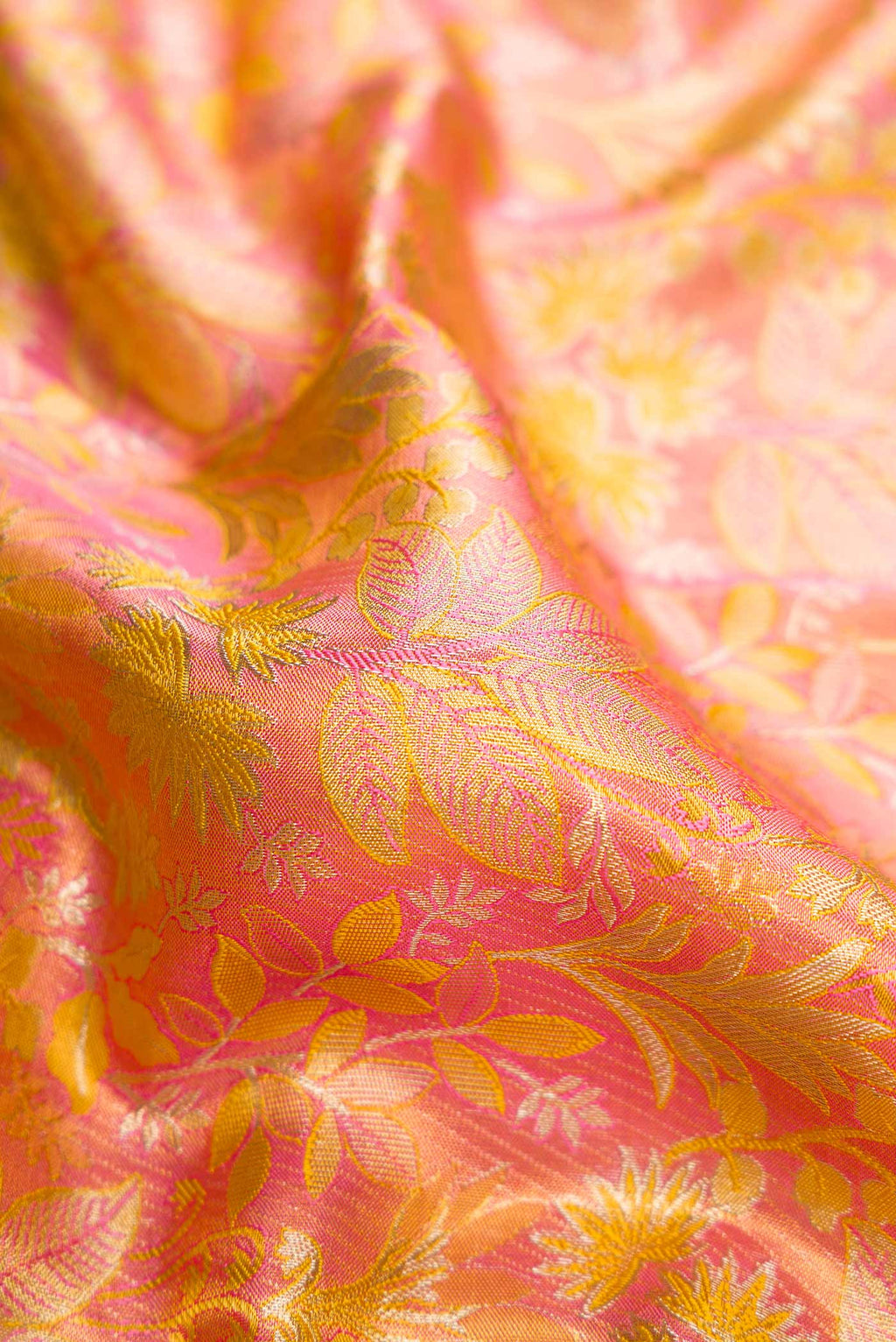 Close up of Pink Dual Tone Kanchipuram Tissue Silk Saree with Zari Brocade on the body and Zari Border.  displaying folds