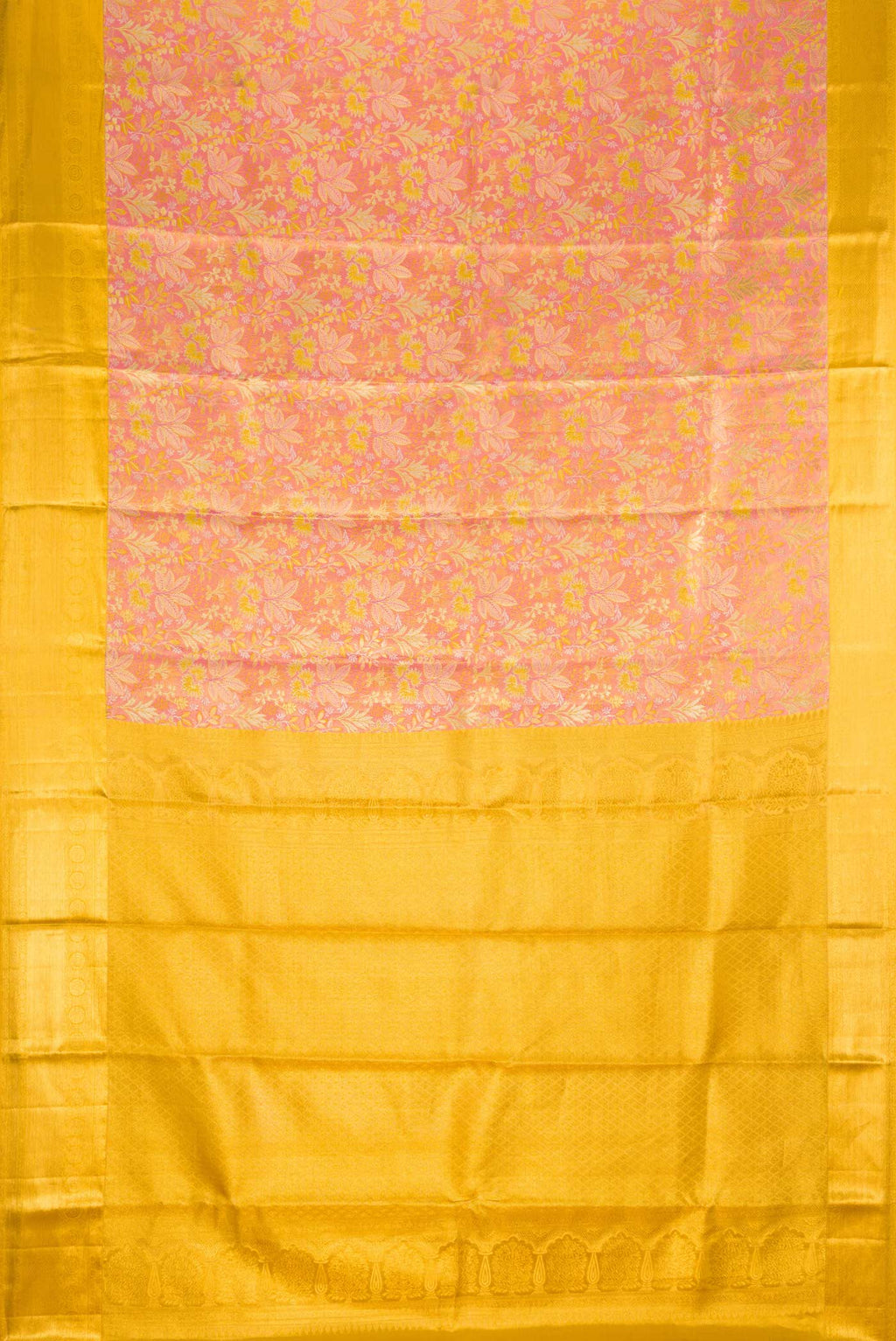 Flat view of Pink Dual Tone Kanchipuram Tissue Silk Saree with Zari Brocade on the body and Zari Border. 