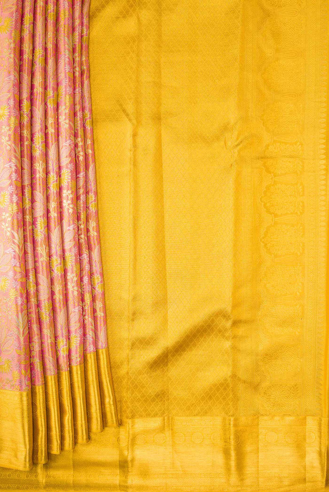 Pleats and pallu of Pink Dual Tone Kanchipuram Tissue Silk Saree with Zari Brocade on the body and Zari Border. 