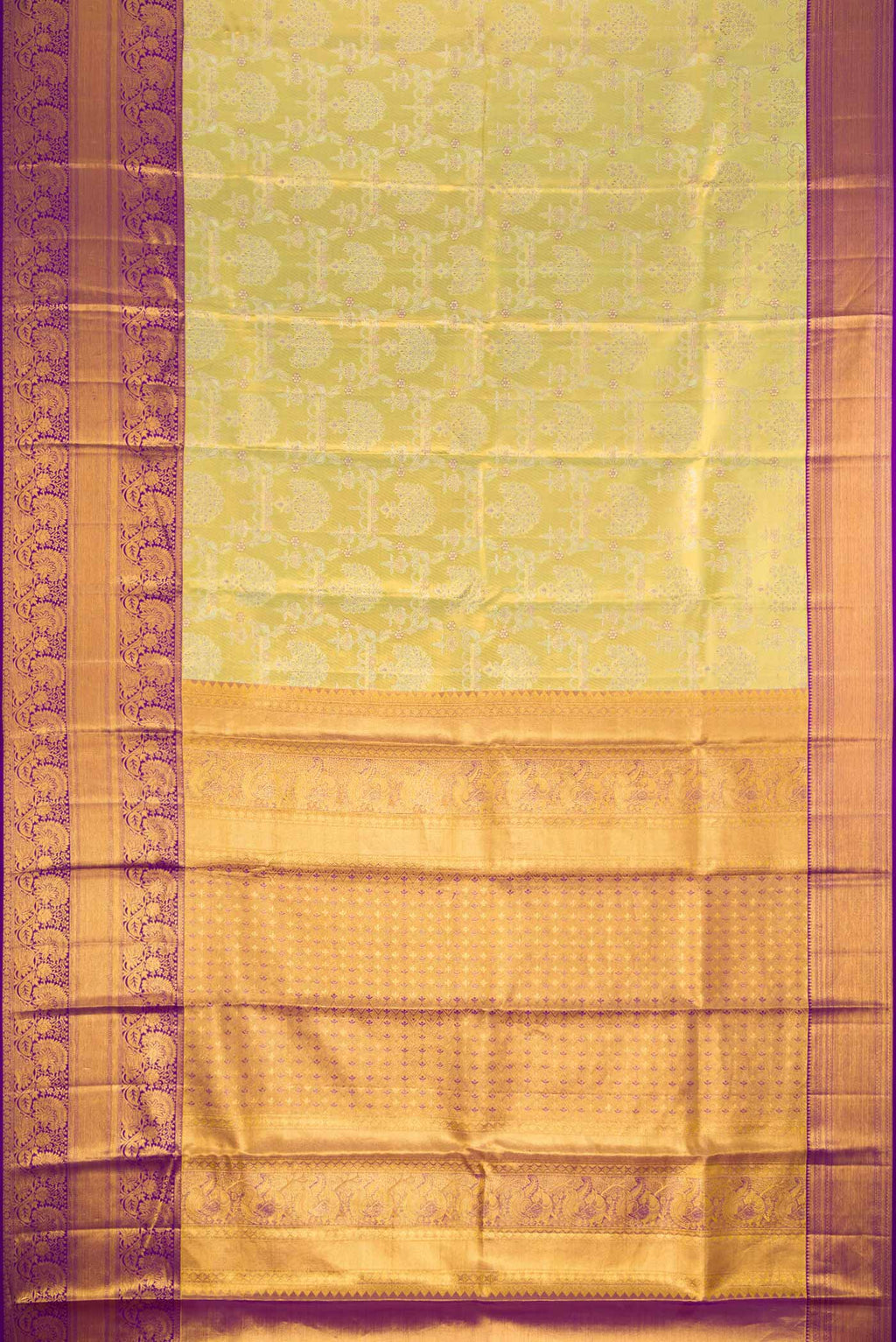 Flat view of Pista Green Dual Tone Kanchipuram Tissue Silk Saree with Zari Brocade on the body and Zari Border. 