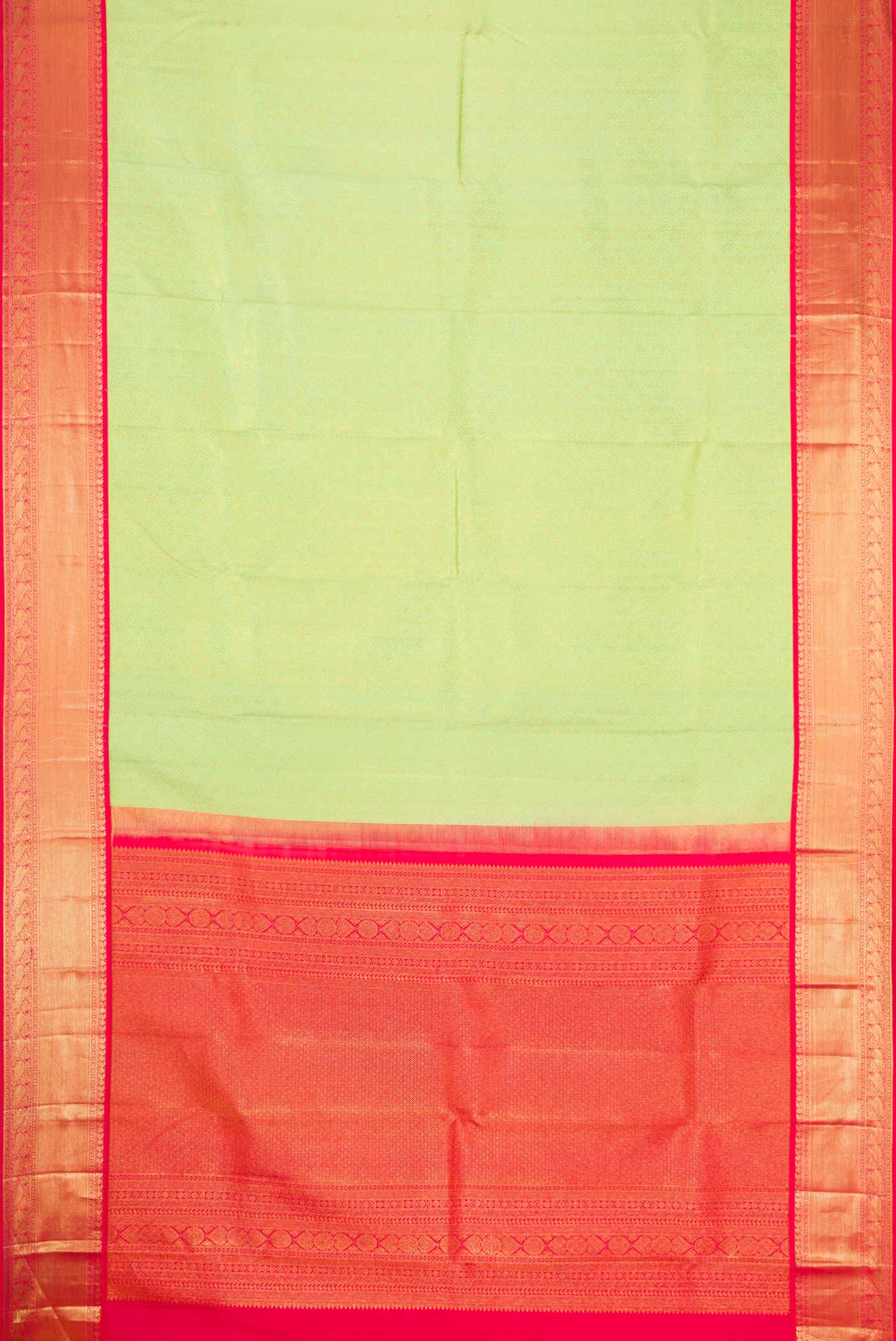 Flat view of Parrot Green Dual Tone Kanjivaram Silk Saree with Zari Brocade on the body and Zari Border. 