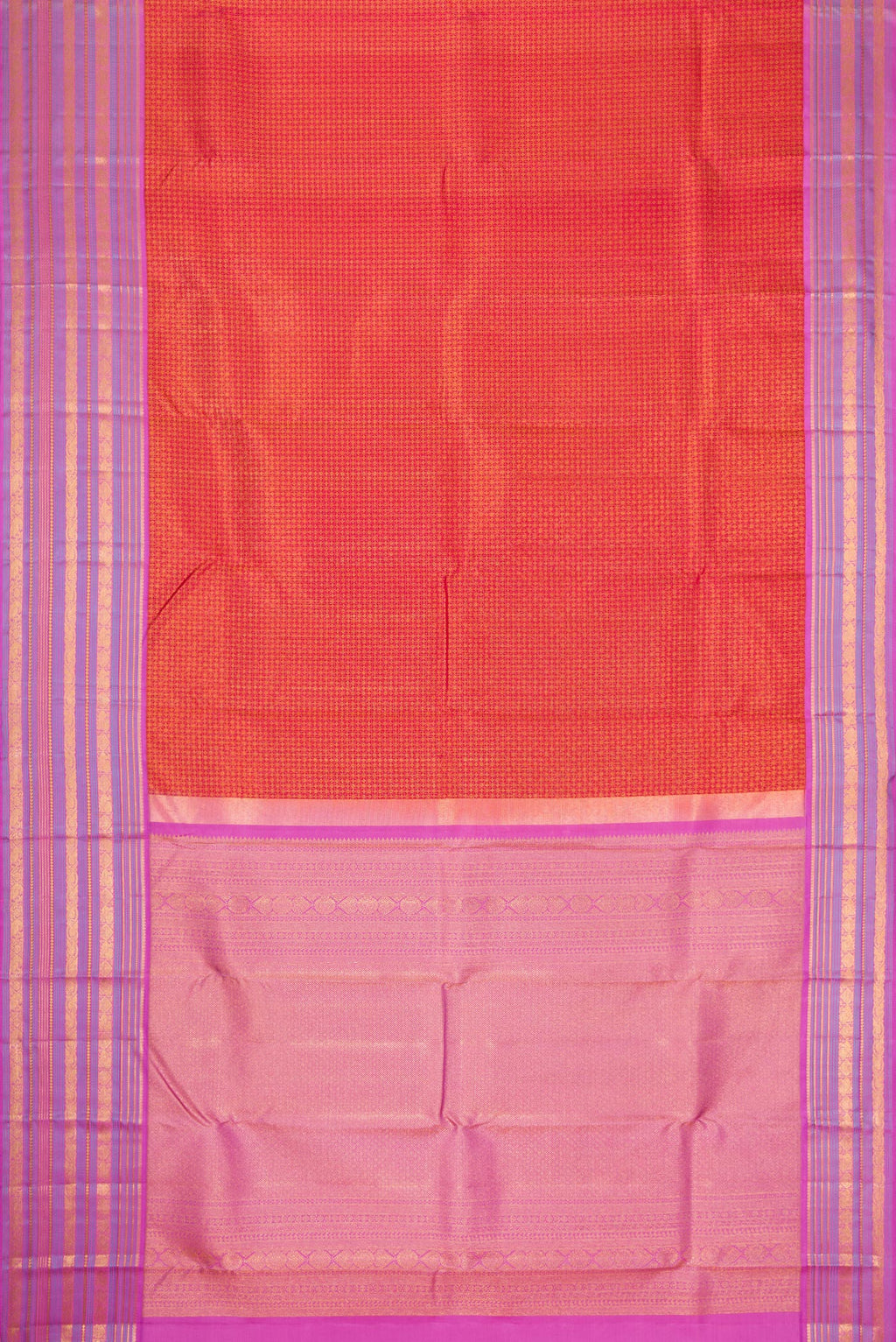 Flat view of Red Dual Tone Kanjivaram Silk Saree with Zari Brocade on the body and Zari Border. 
