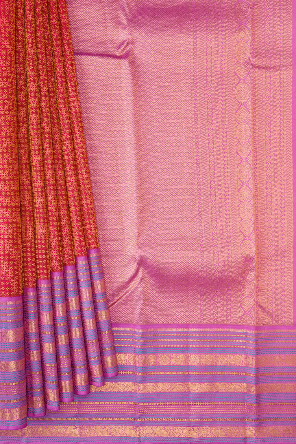 Pleats and pallu of Red Dual Tone Kanjivaram Silk Saree with Zari Brocade on the body and Zari Border. 