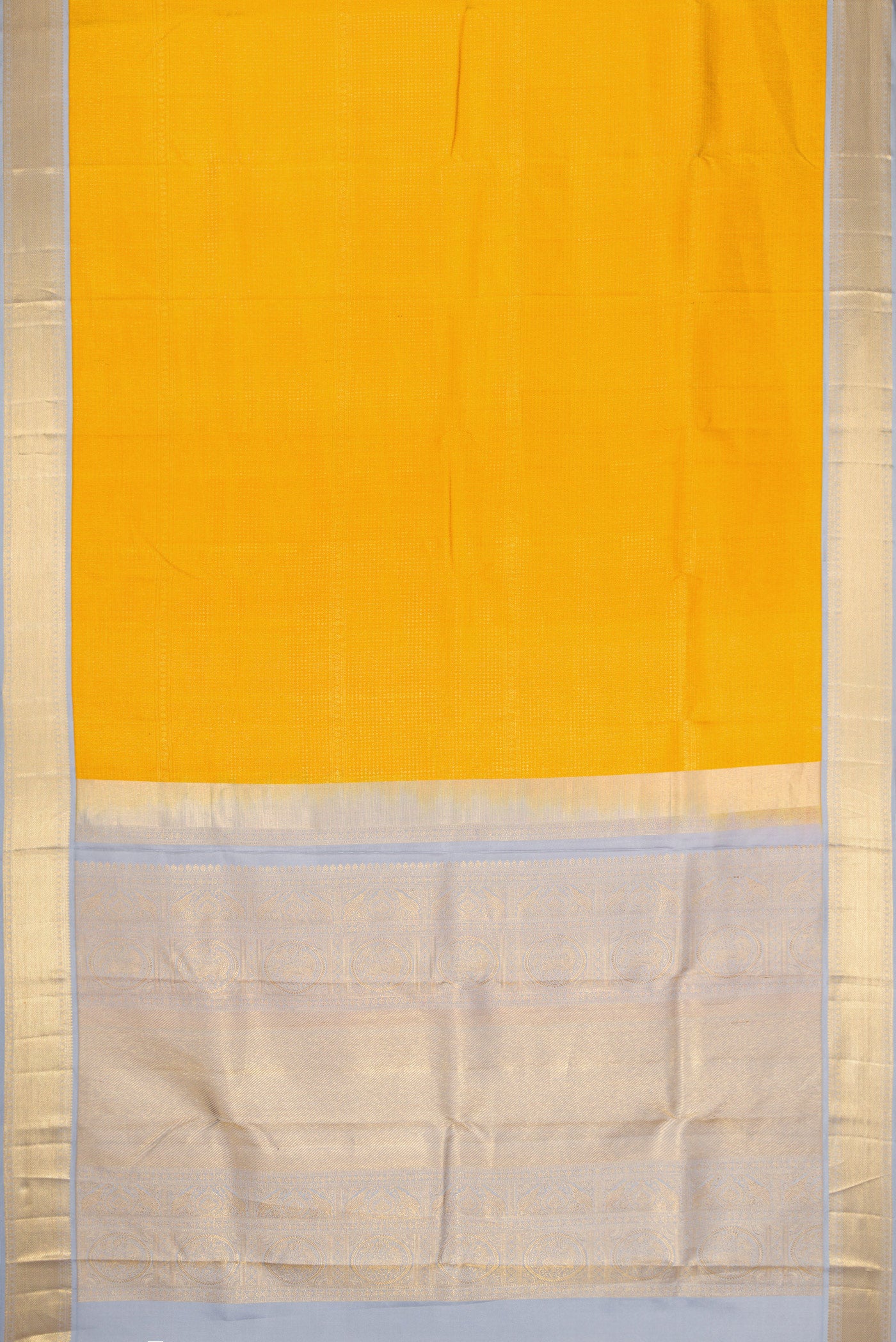 Flat view of Mustard Dual Tone Kanjivaram Silk Saree with Zari Brocade on the body and Zari Border. 