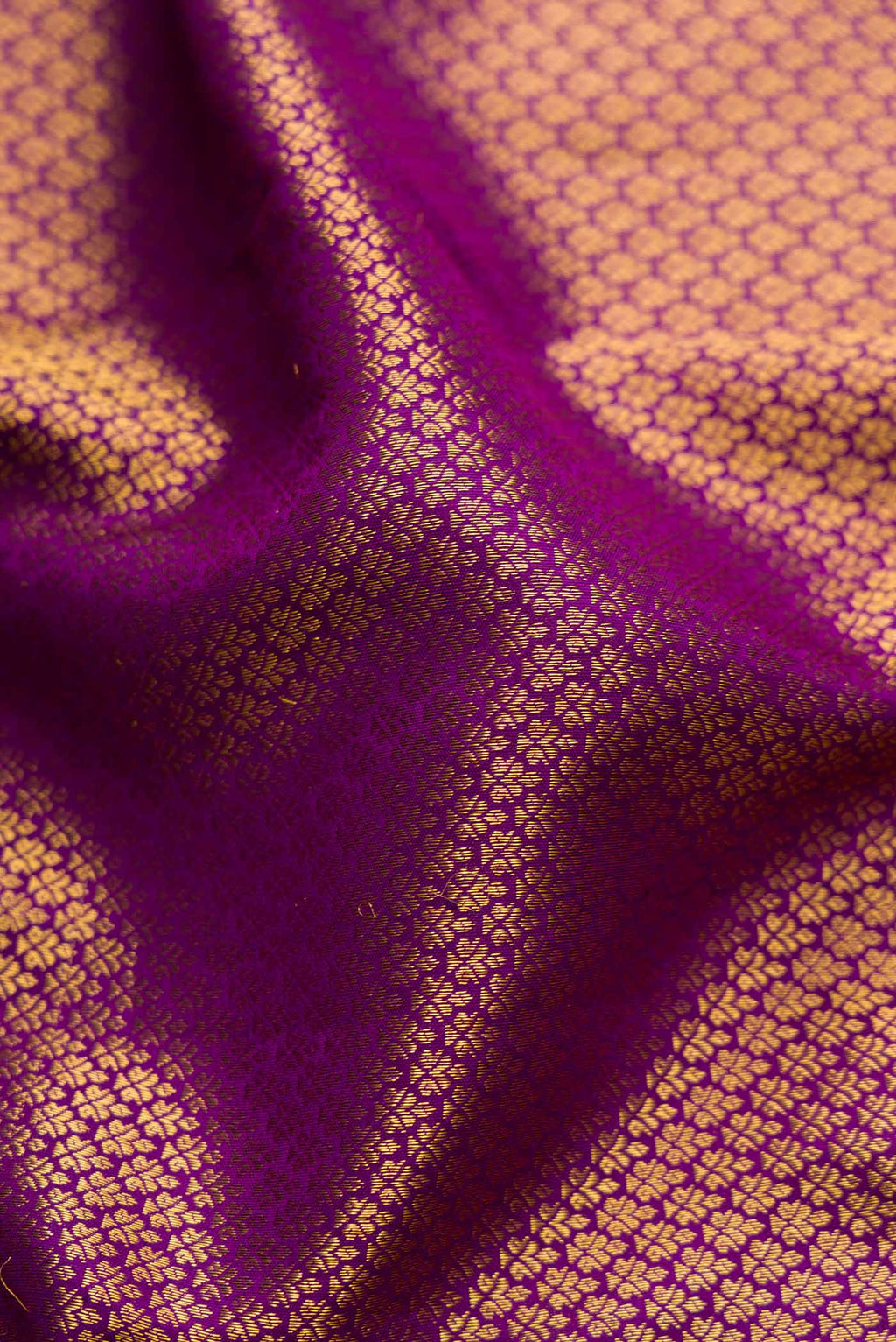 Close up of Purple Dual Tone Kanchipuram Saree with Zari Brocade on the body and Zari Border displaying folds