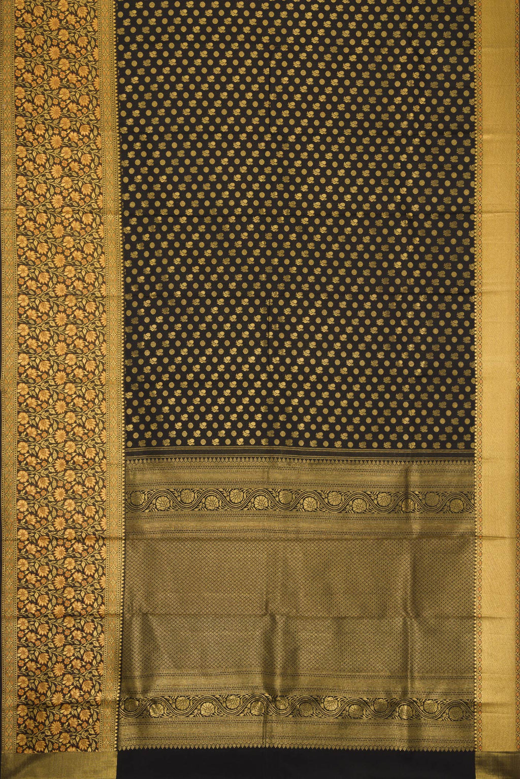 Flat view of Black Dual Tone Kanjivaram Silk Saree with Zari Brocade on the body and Fancy Border. 