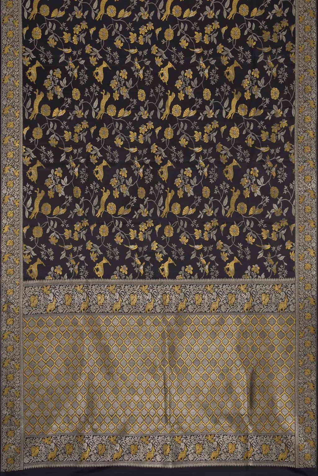 Flat view of Black Dual Tone Kanchipuram Silk Saree with Zari Brocade on the body and Zari Border