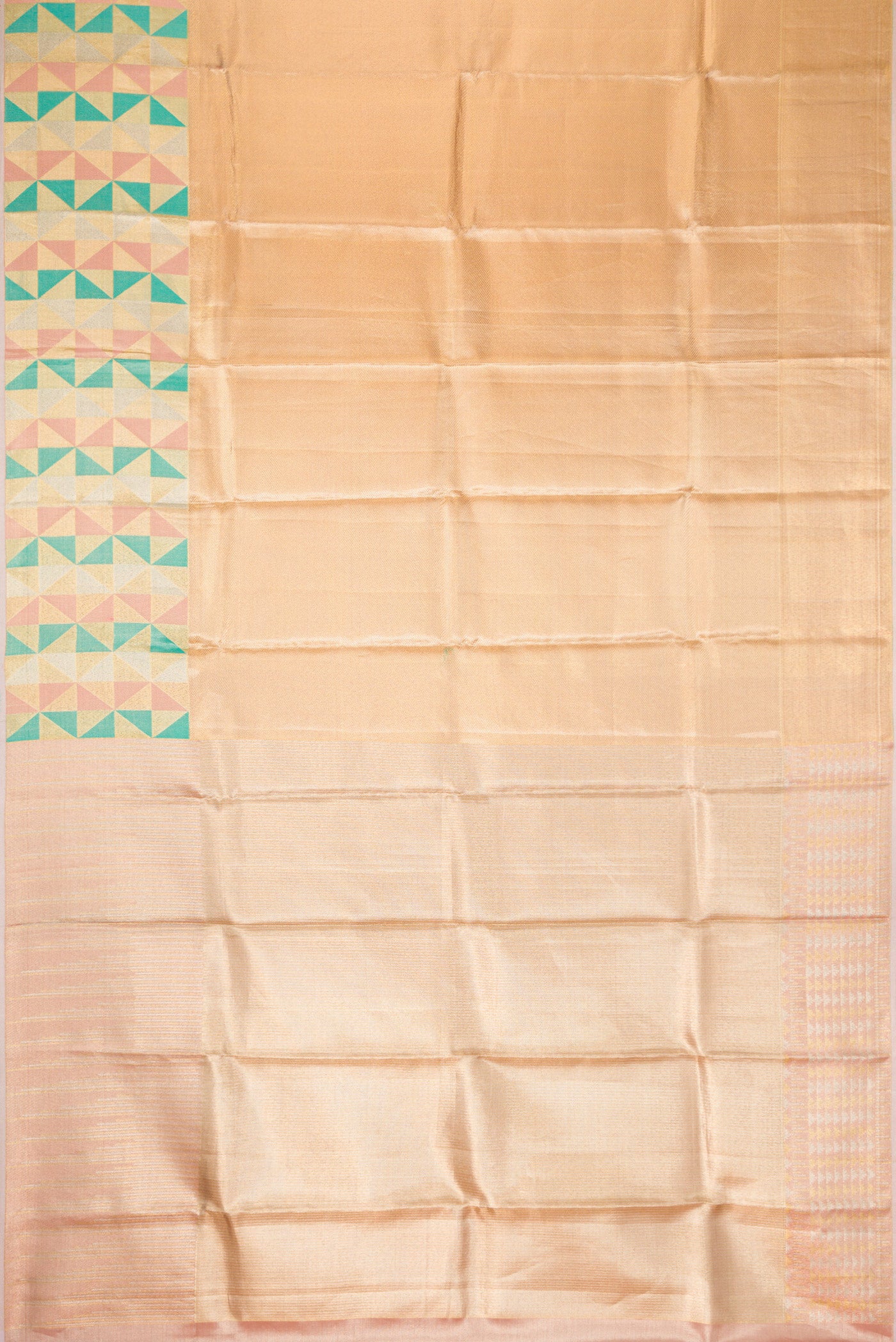 Flat view of Gold Dual Tone Kanjivaram Tissue Silk Saree with Zari Brocade on the body and Fancy Border. 