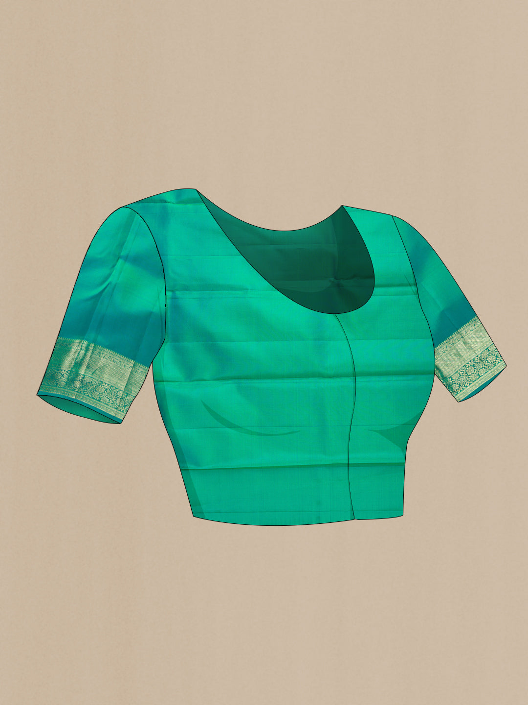 Close up image of the blouse of Green Dual Tone Kanchipuram Silk Saree with Zari Brocade on the body and Zari Border. 