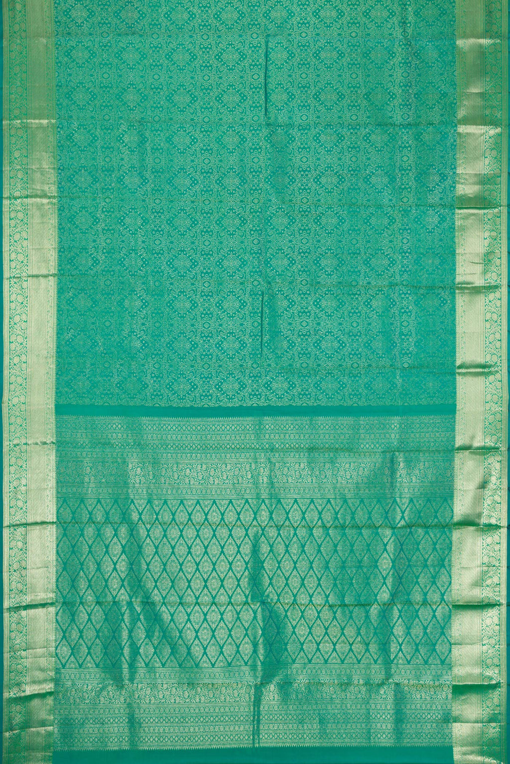 Flat view of Green Dual Tone Kanchipuram Silk Saree with Zari Brocade on the body and Zari Border. 
