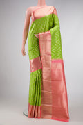 Parrot Green Dual Tone Kanjivaram Silk Saree with Zari Brocade on the body and Zari Border.  displayed on a mannequin