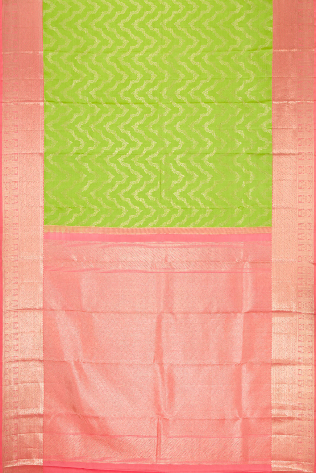 Flat view of Parrot Green Dual Tone Kanjivaram Silk Saree with Zari Brocade on the body and Zari Border. 