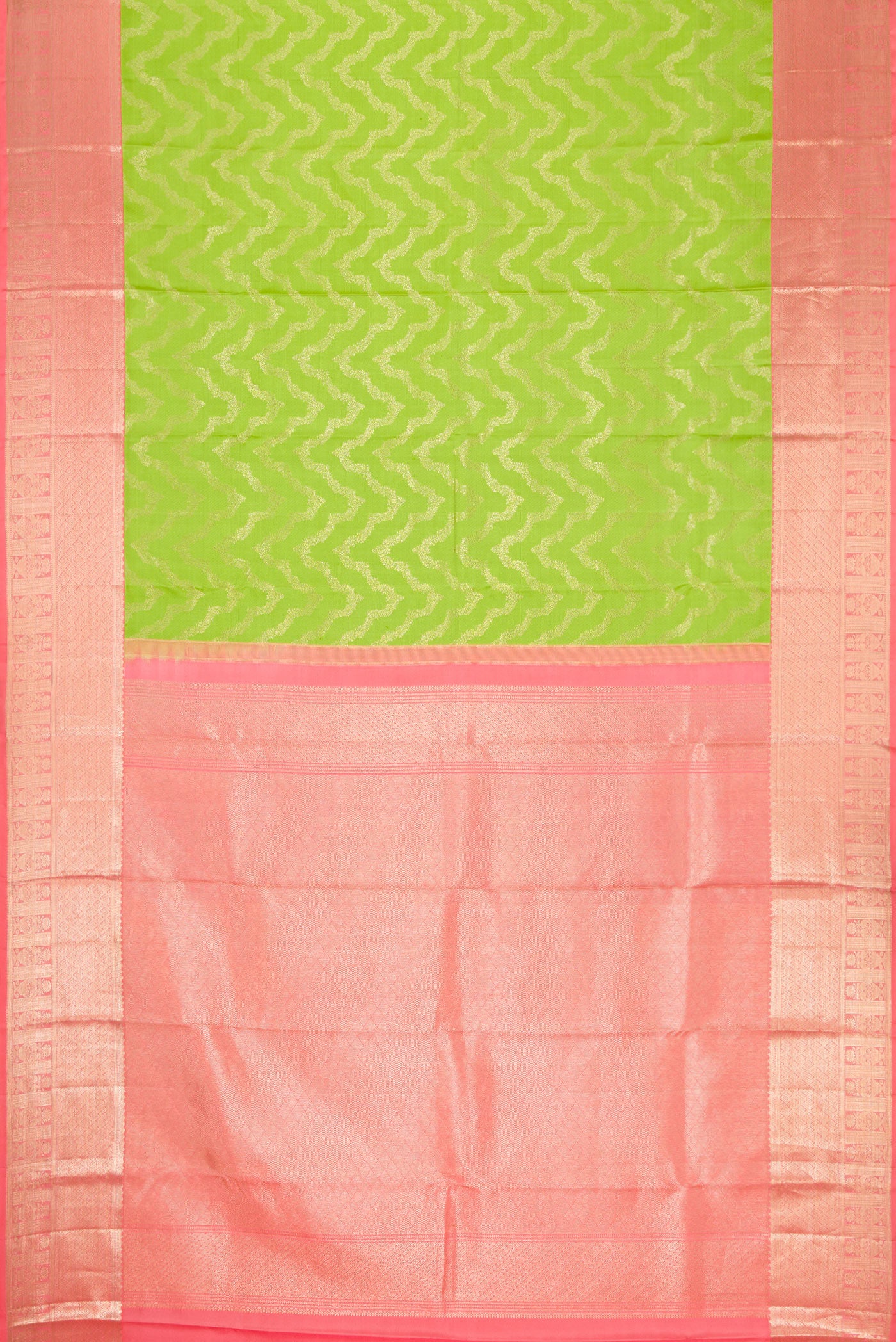 Flat view of Parrot Green Dual Tone Kanjivaram Silk Saree with Zari Brocade on the body and Zari Border. 