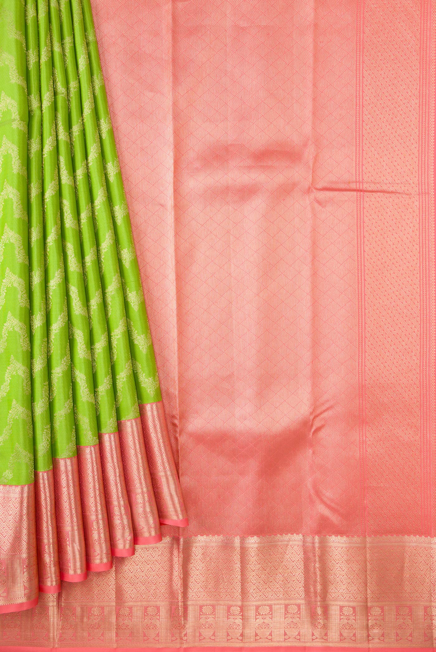 Pleats and pallu of Parrot Green Dual Tone Kanjivaram Silk Saree with Zari Brocade on the body and Zari Border. 