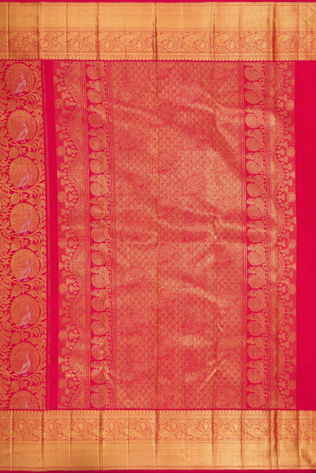 Close up image of the pallu of Pure Silk Pure Zari Dark Pink Dual Tone Kanjivaram Saree with Zari Brocade on the body and Zari Border. 