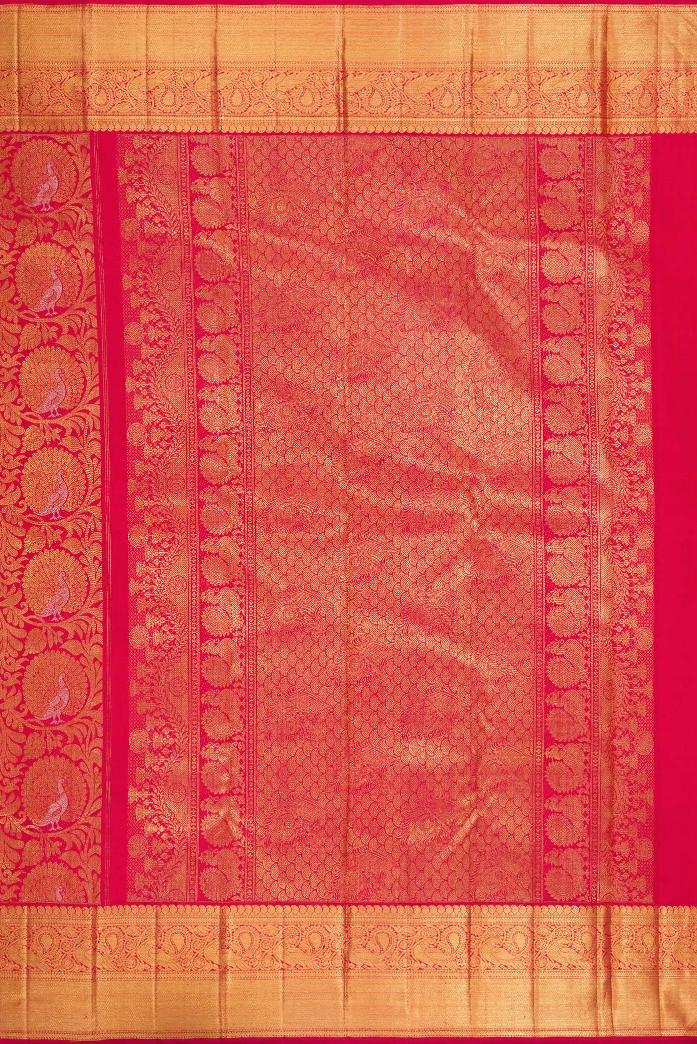 Close up image of the pallu of Pure Silk Pure Zari Dark Pink Dual Tone Kanjivaram Saree with Zari Brocade on the body and Zari Border. 