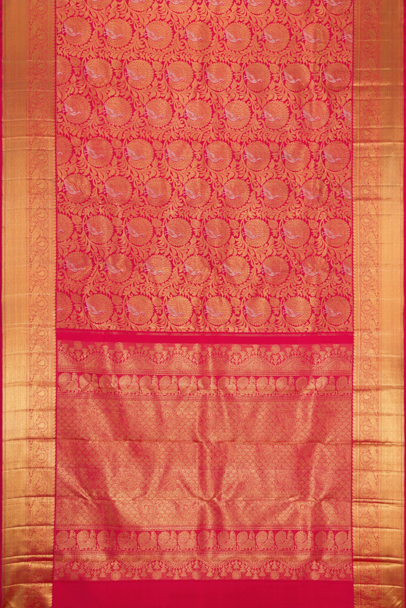 Flat view of Pure Silk Pure Zari Dark Pink Dual Tone Kanjivaram Saree with Zari Brocade on the body and Zari Border. 