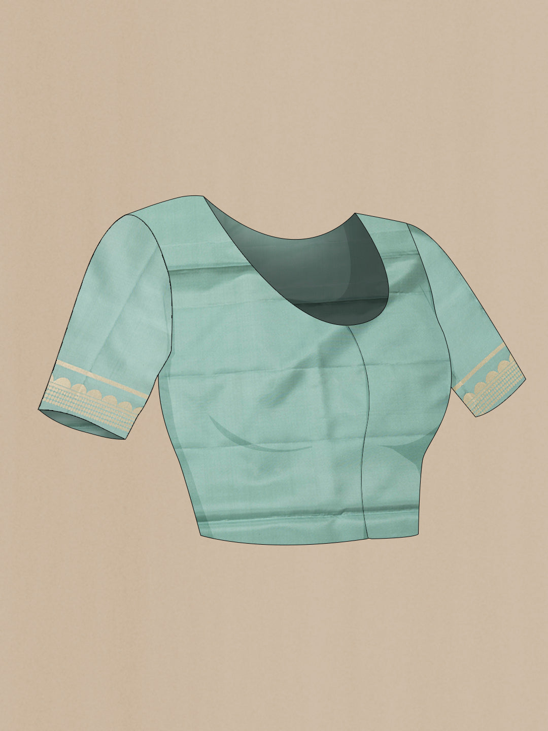 Close up image of the blouse of Sea Green Dual Tone Soft Silk Saree with Zari Butta on the body and Zari Border. 