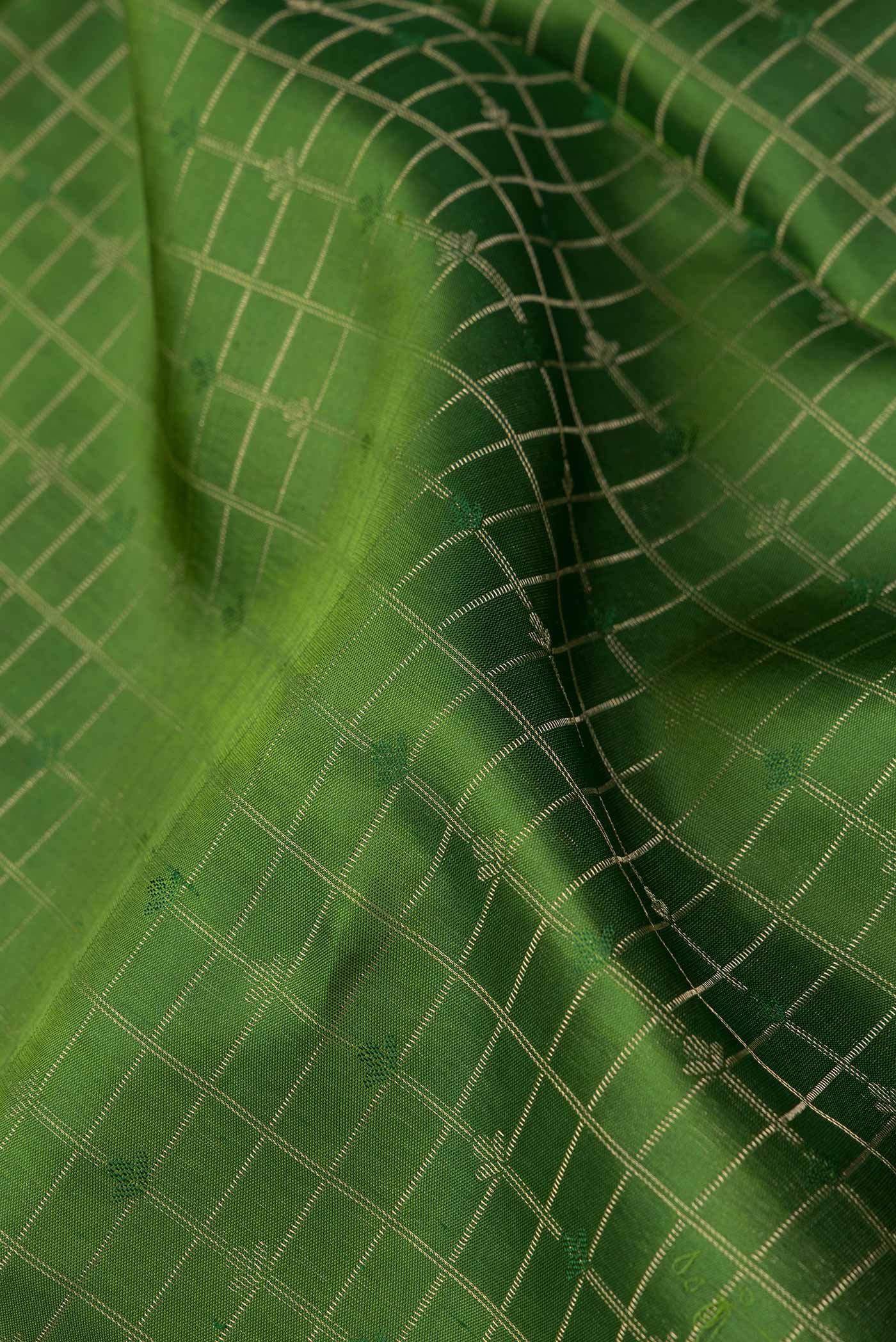 Close up of Green Dual Tone Soft Silk Saree with Checked design on the body and Thread Border.  displaying folds