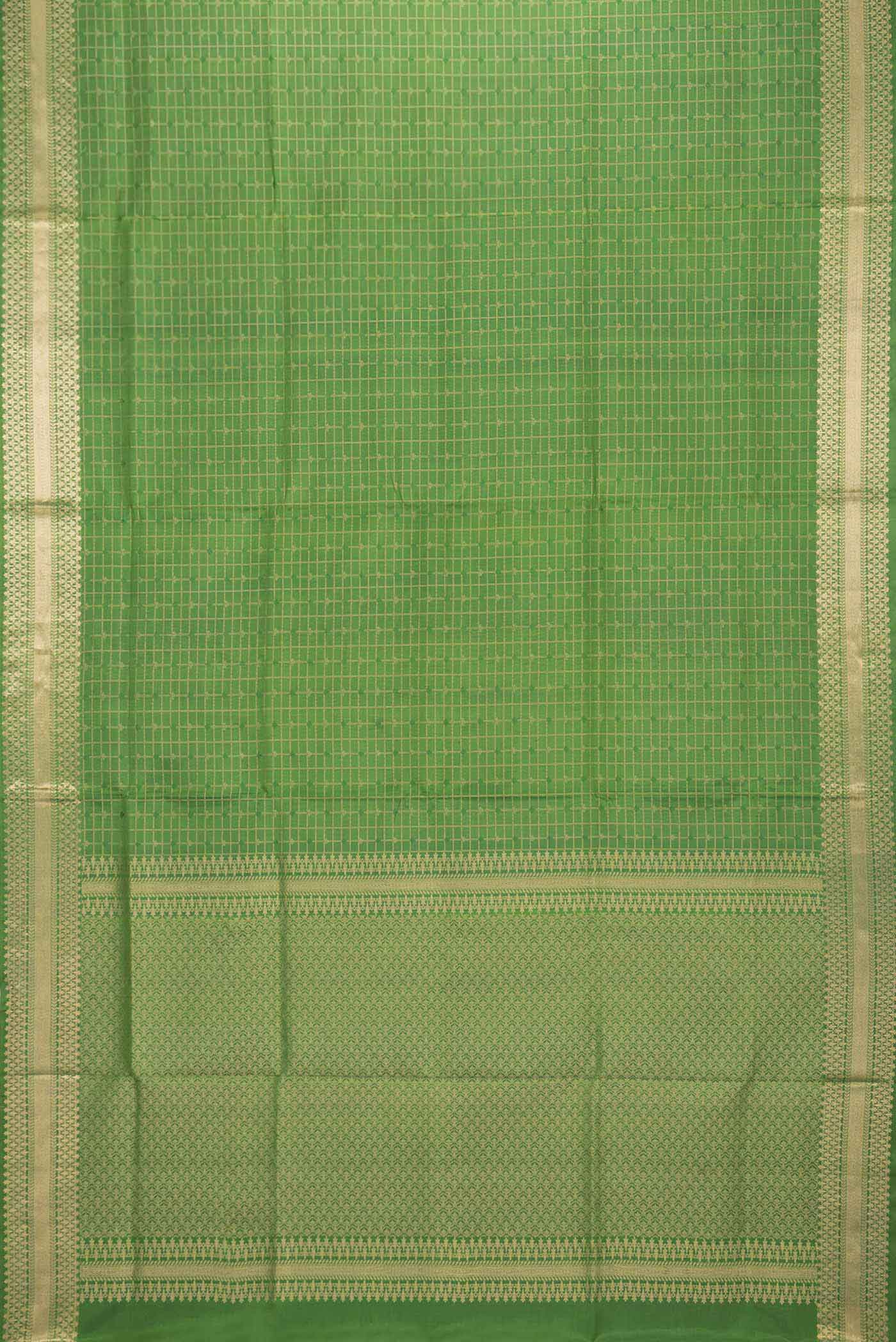 Flat view of Green Dual Tone Soft Silk Saree with Checked design on the body and Thread Border. 