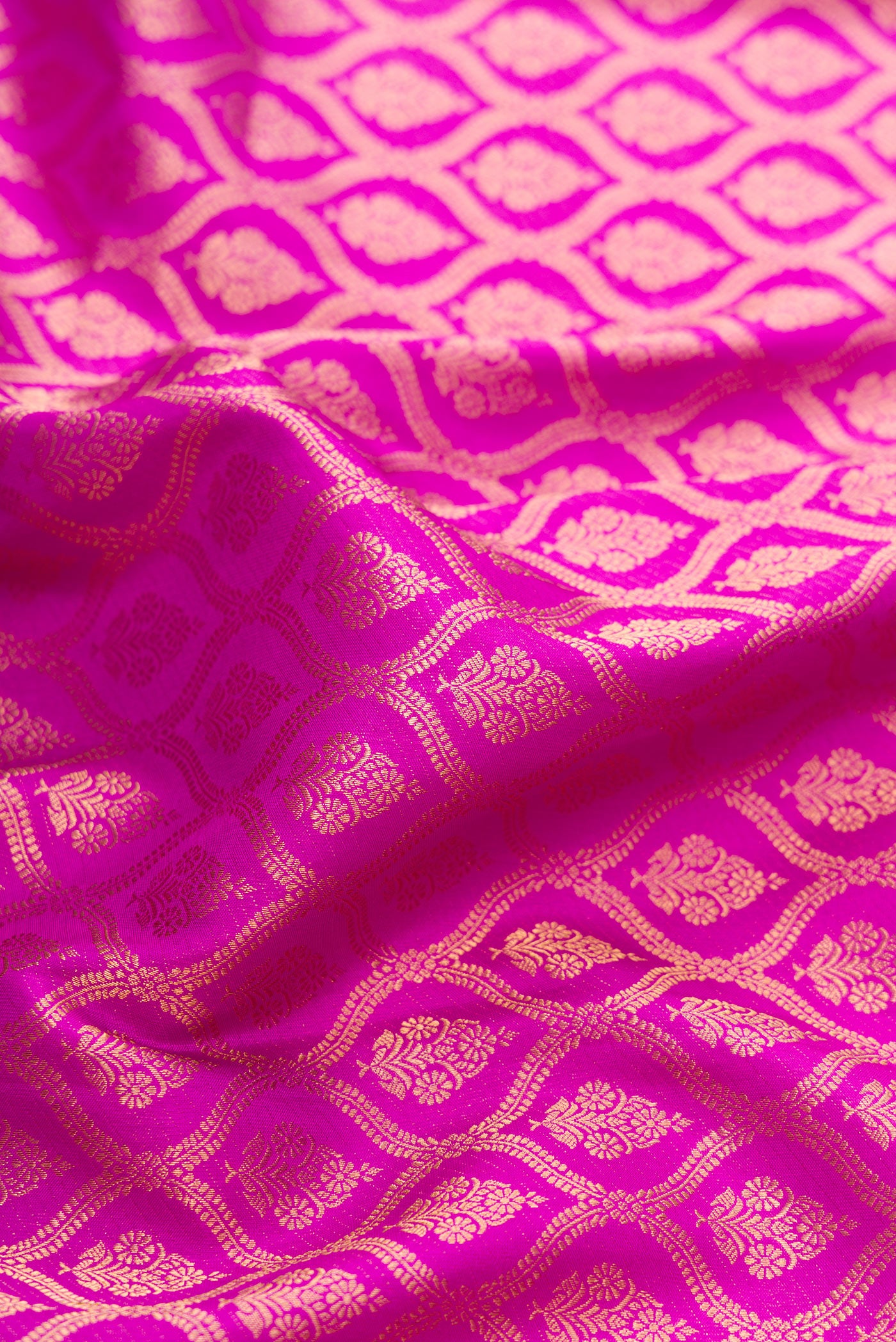 Close up of Magenta Dual Tone Kanchipuram Silk Saree with Zari Brocade on the body and Zari Border.  displaying folds
