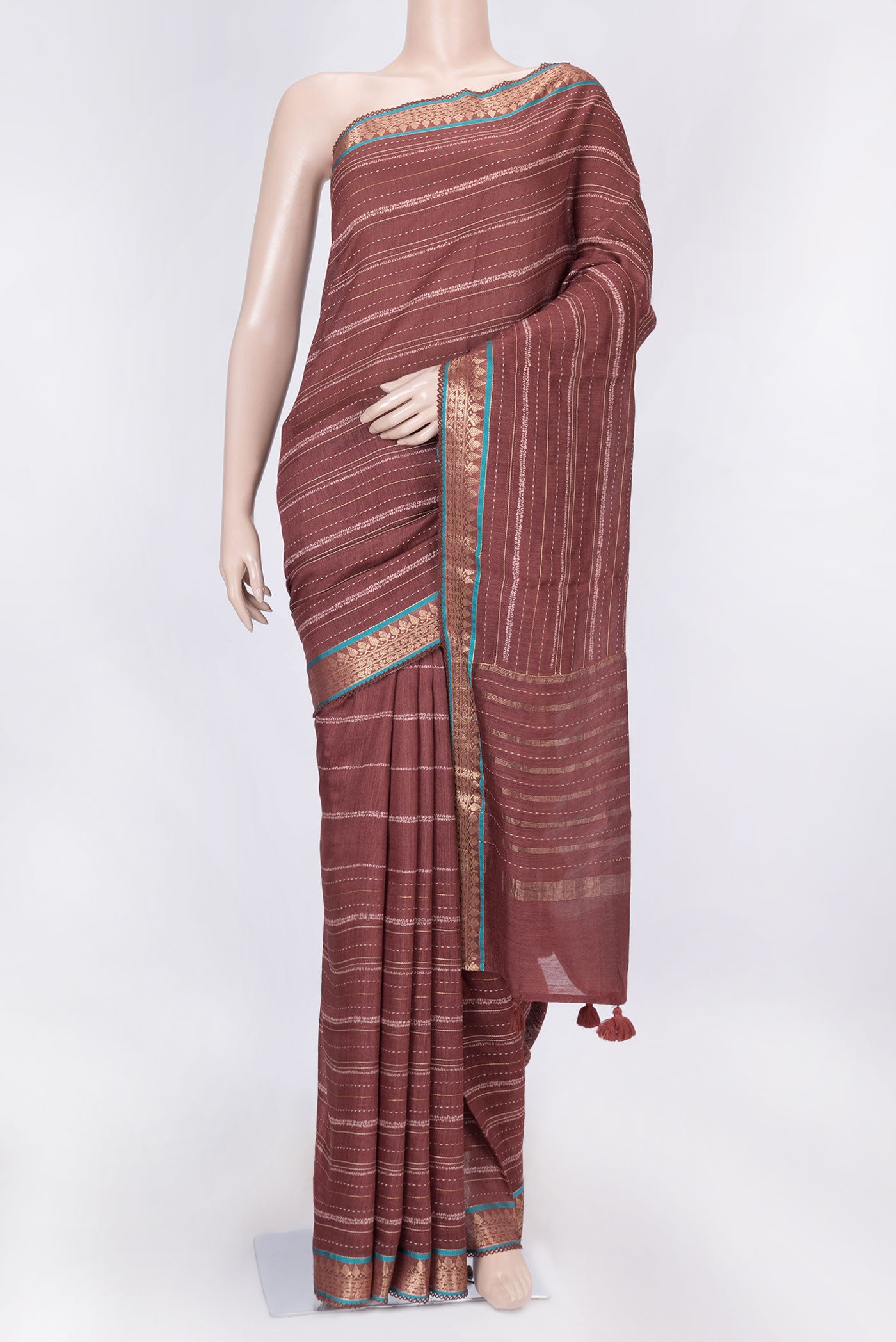 Maroon Dual Tone Tussar Silk Saree with Embroidery on the body and Embroidery Border displayed on a mannequin
