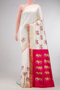 Off White Dual Tone Double Ikat Saree with Plain Body and Ikat Border.  displayed on a mannequin