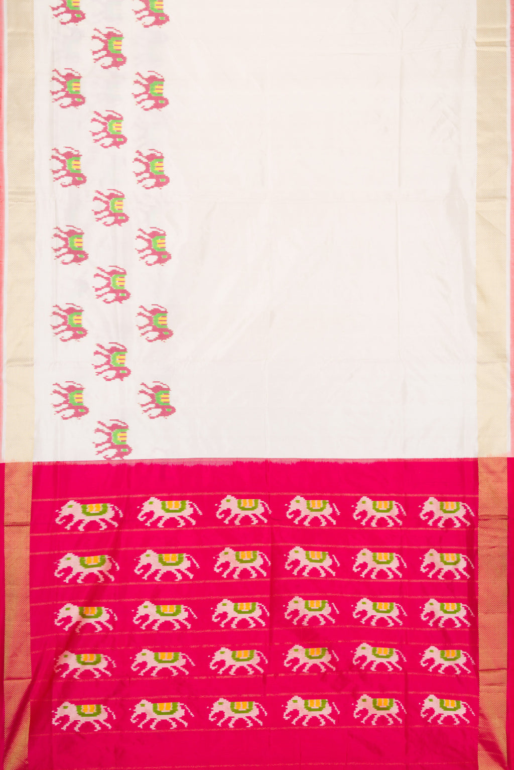 Flat view of Off White Dual Tone Double Ikat Saree with Plain Body and Ikat Border. 