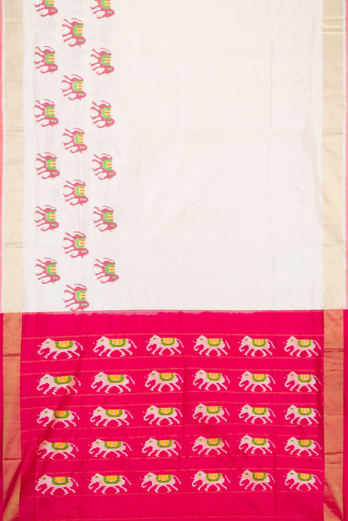 Flat view of Off White Dual Tone Double Ikat Saree with Plain Body and Ikat Border. 