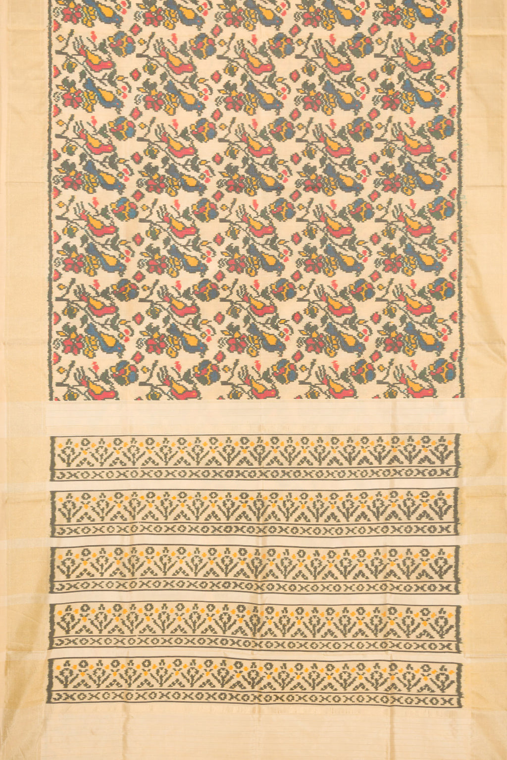 Flat view of Sandal Dual Tone Double Ikat Saree with Ikat Print on the body and Zari Border. 