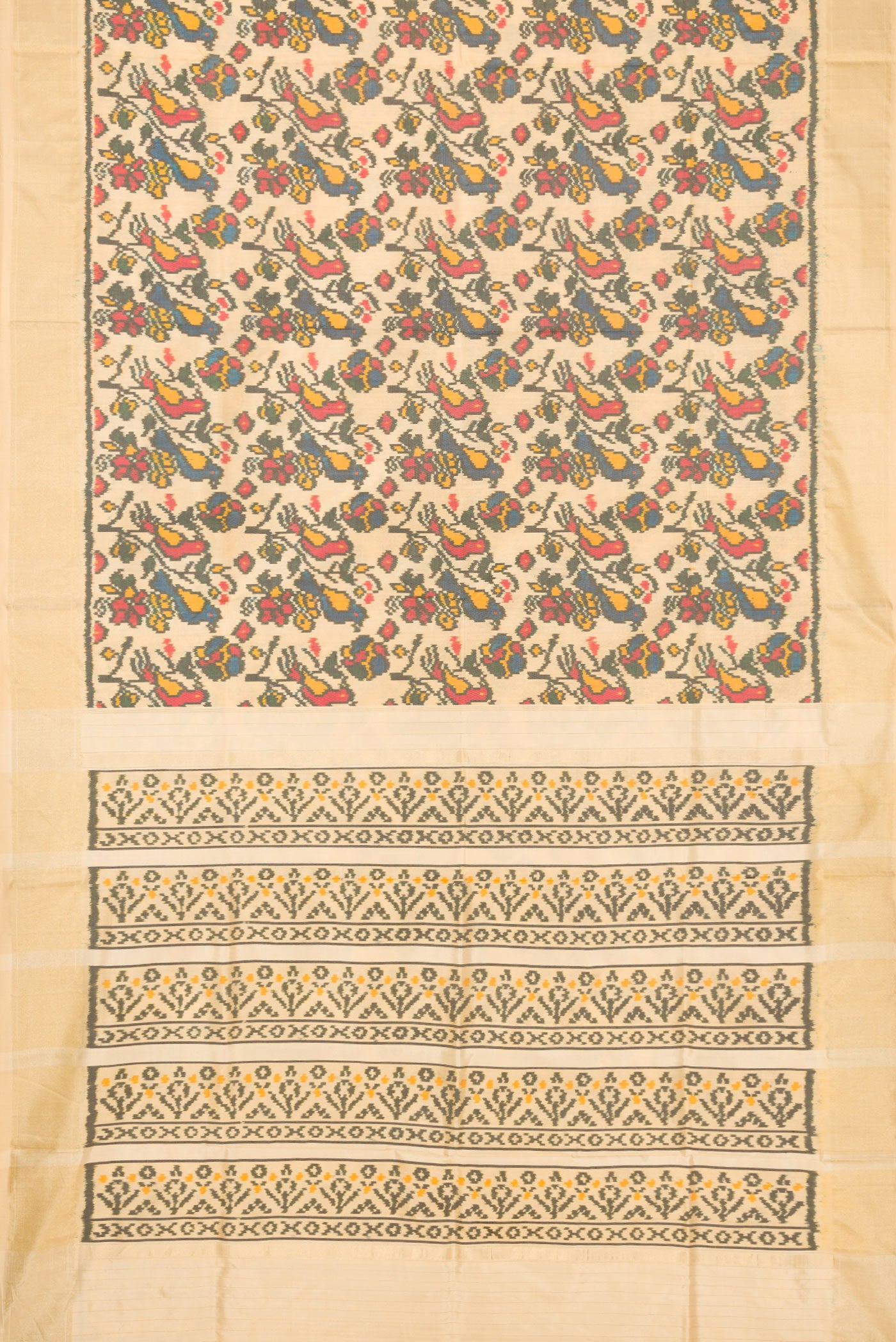 Flat view of Sandal Dual Tone Double Ikat Saree with Ikat Print on the body and Zari Border. 