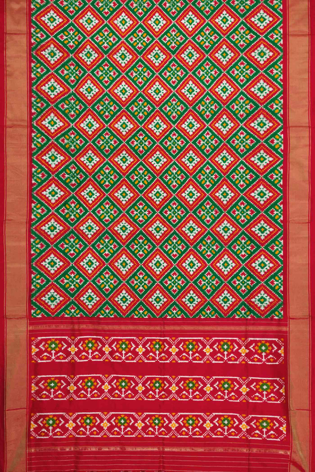 Flat view of Green Pochampally Silk Saree with Pure Ikat on the body and Zari Border