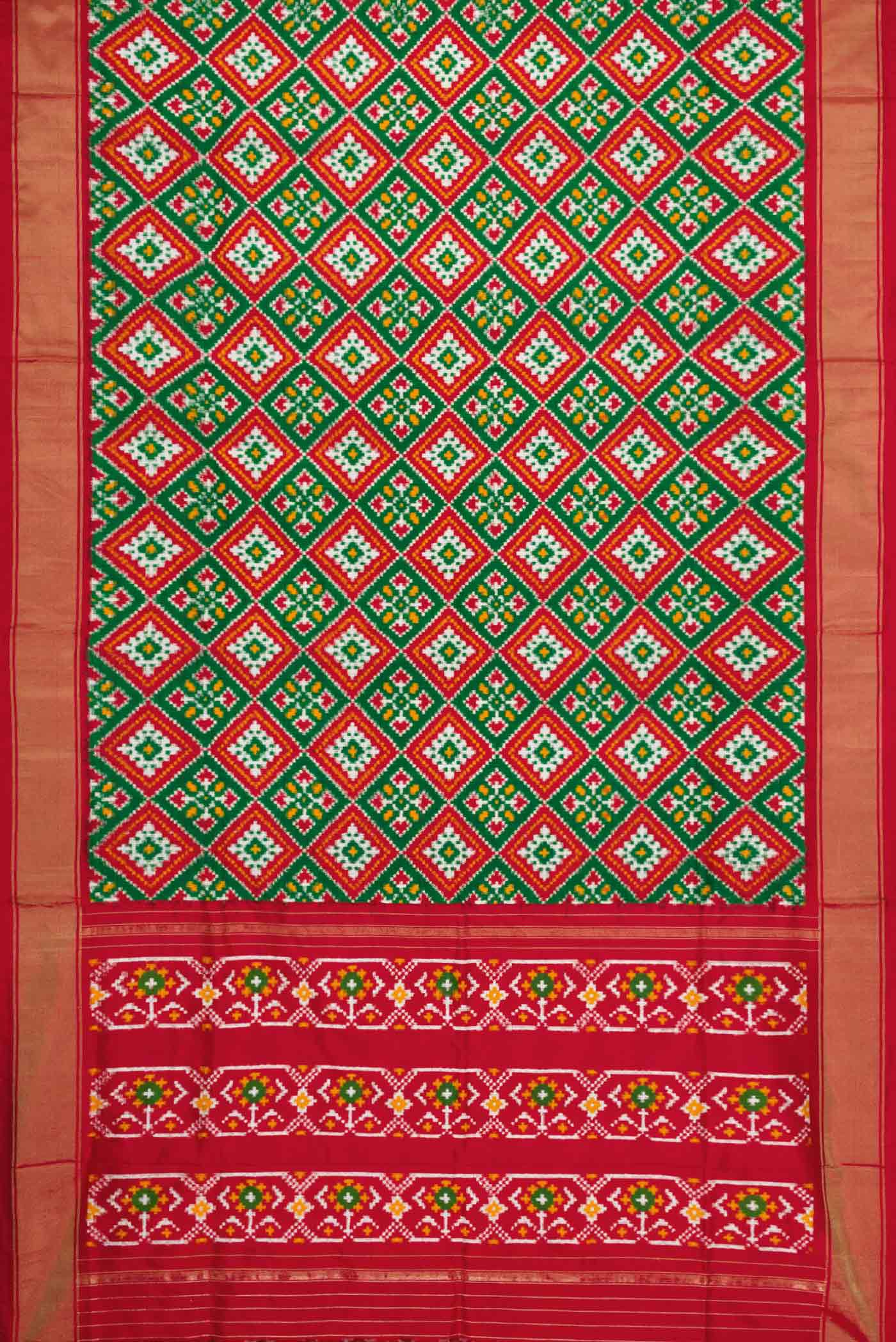 Flat view of Green Pochampally Silk Saree with Pure Ikat on the body and Zari Border