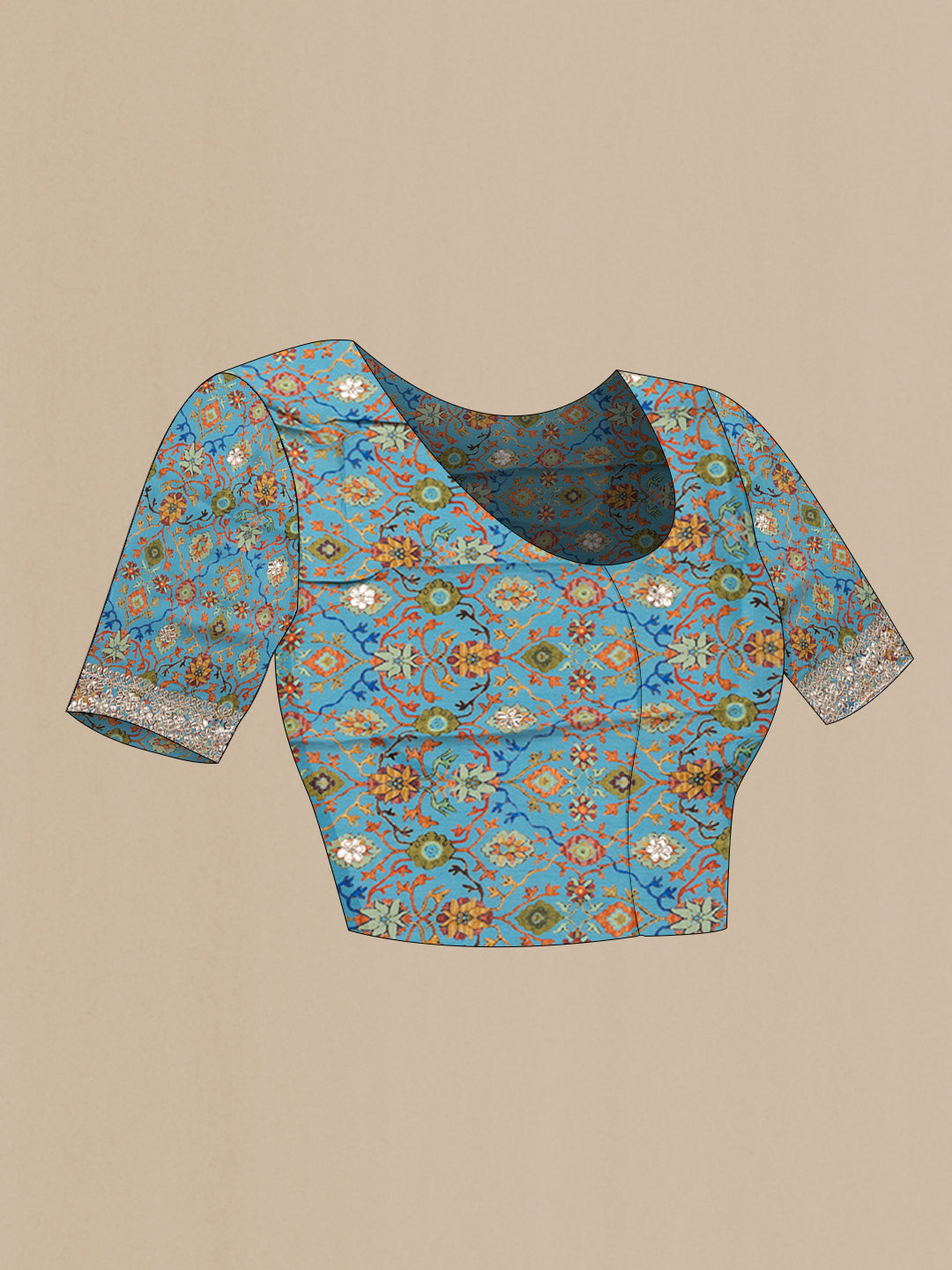 Close up image of the blouse of Sky Blue Dual Tone Organza Silk Saree with Embroidery on the body and Embroidery Border. 