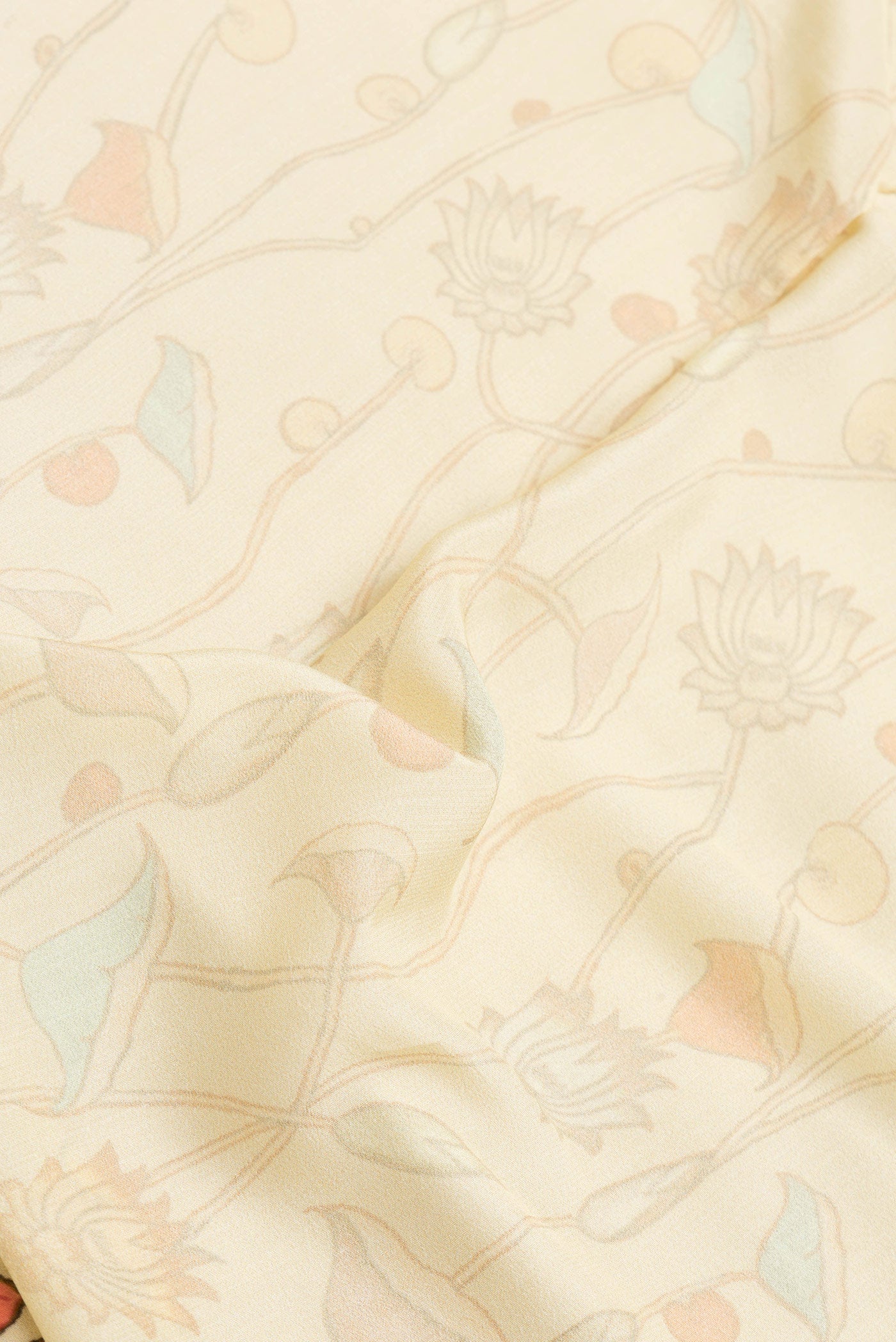 Close up of Sandal Dual Tone Mysore Crepe Saree with Printed design on the body and Plain Border.  displaying folds