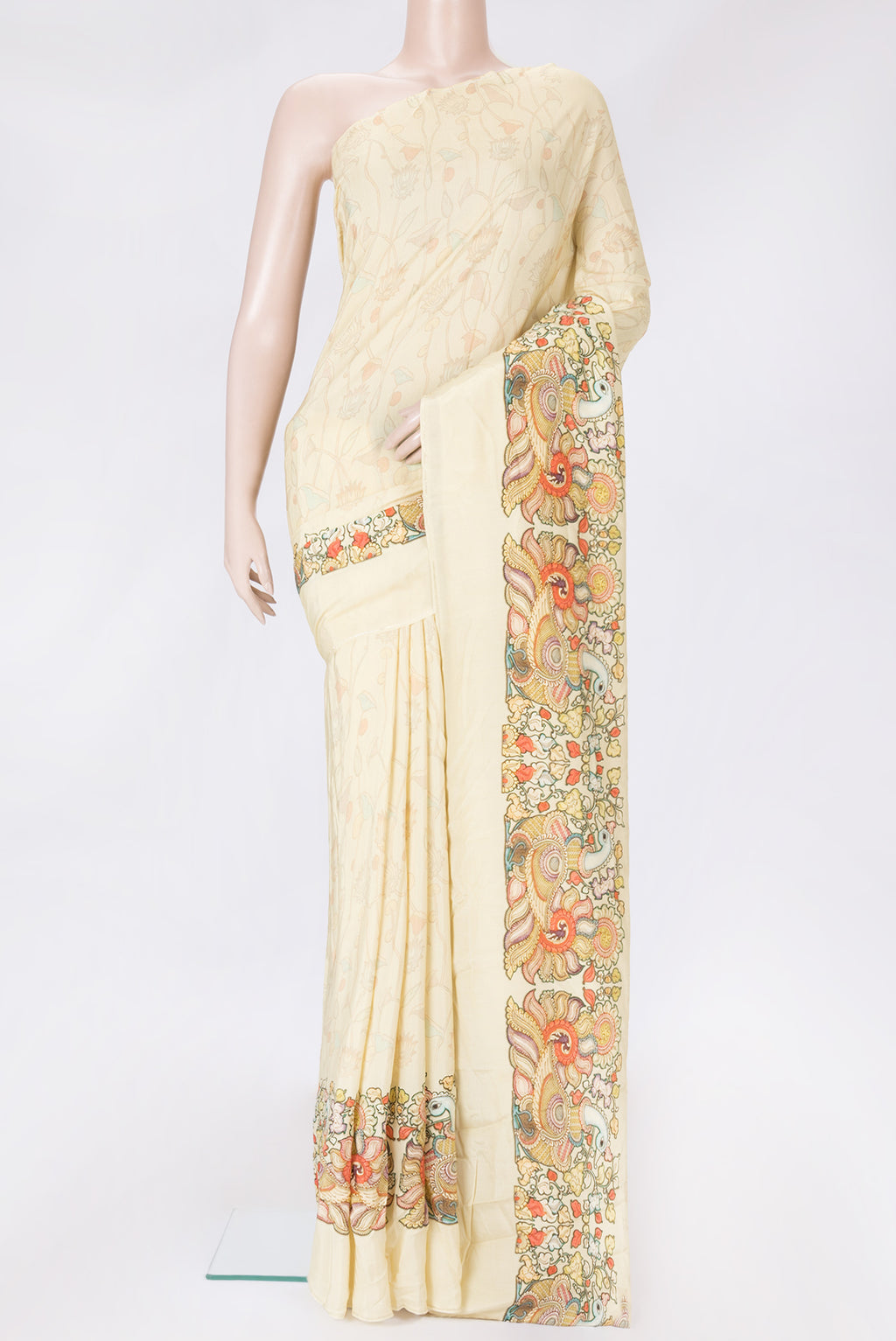 Sandal Dual Tone Mysore Crepe Saree with Printed design on the body and Plain Border.  displayed on a mannequin