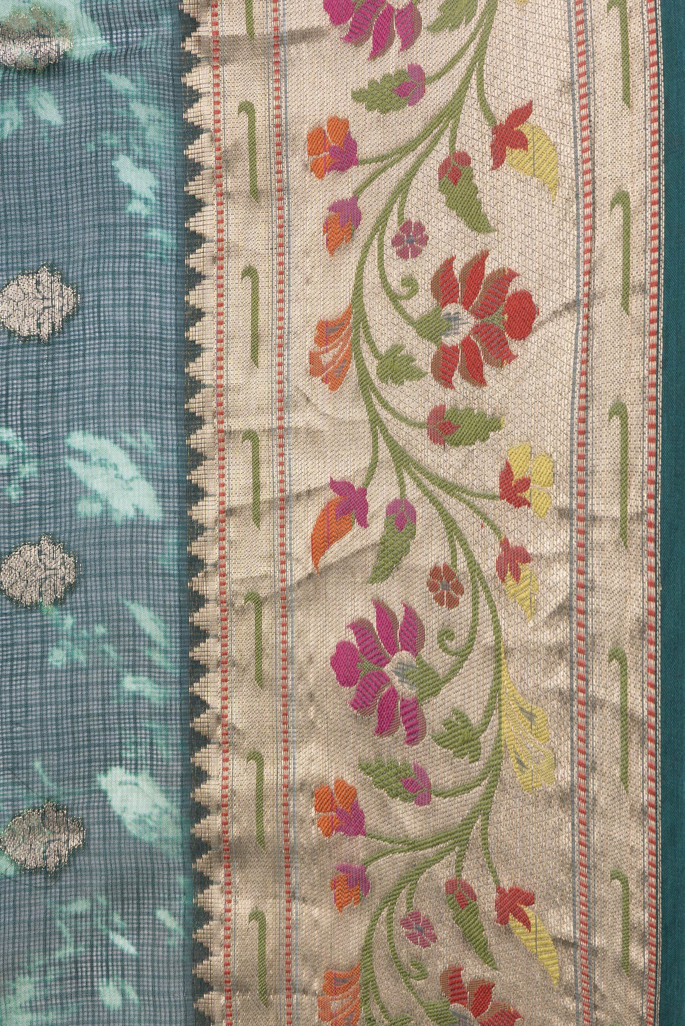 Border image of Green Dual Tone Kota Silk Saree with Zari Butta on the body and Zari And Thread Border. 