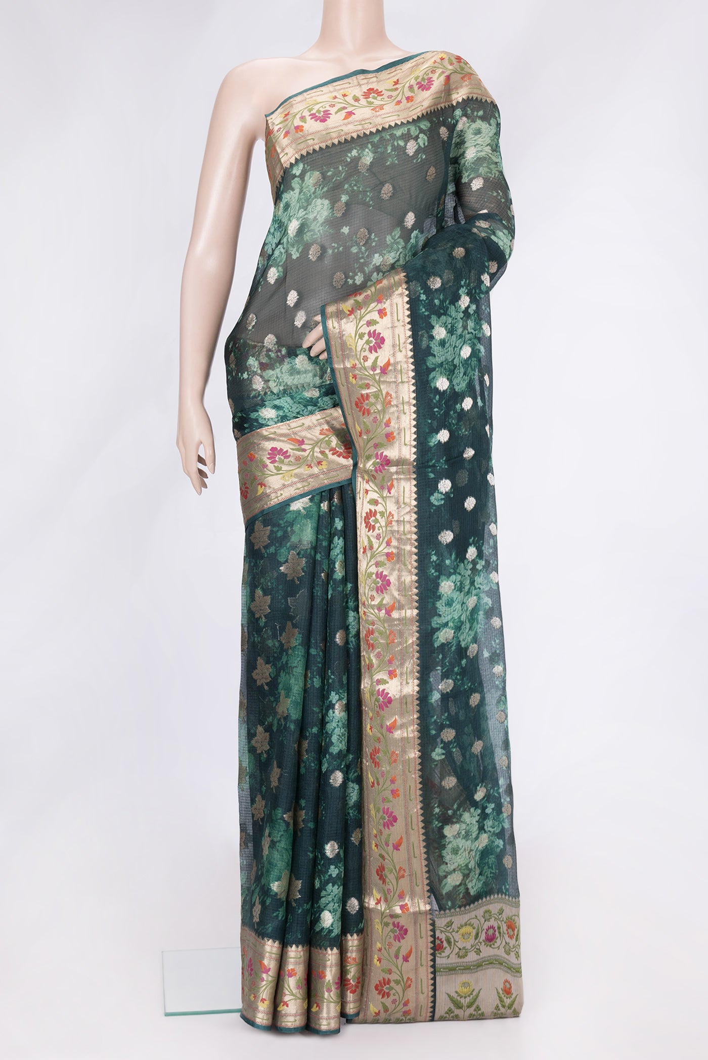 Green Dual Tone Kota Silk Saree with Zari Butta on the body and Zari And Thread Border.  displayed on a mannequin