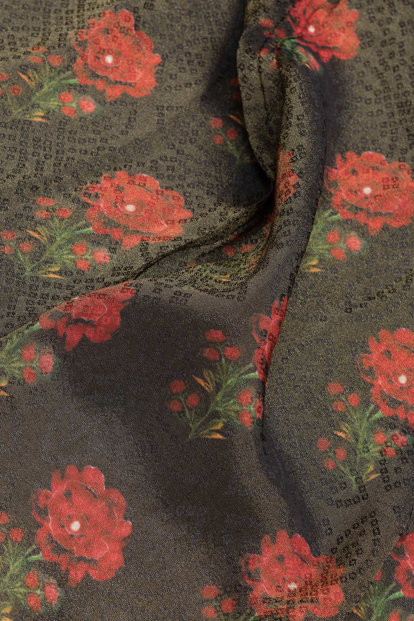 Close up of Black Dual Tone Organza Silk Saree with Printed design on the body and Zari Border.  displaying folds