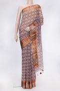Purple and Beige Color Organza Silk Saree with Printed design on the body and Printed Border.  displayed on a mannequin
